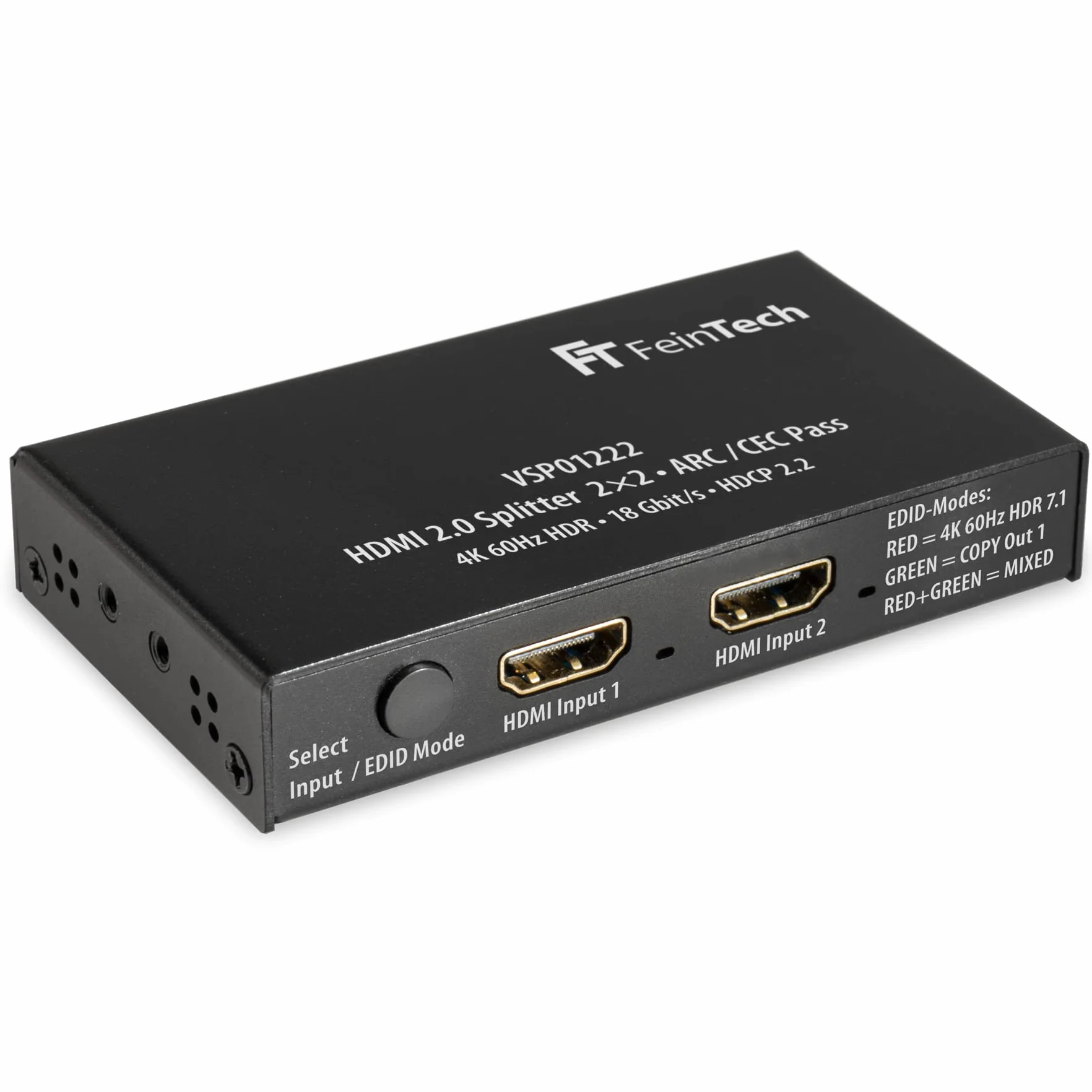 FeinTech VSP01222 HDMI 2.0 Splitter 2 Eingänge 2 Ausgänge Scaler ARC Pass für AV-Receiver 4K 60Hz HDR