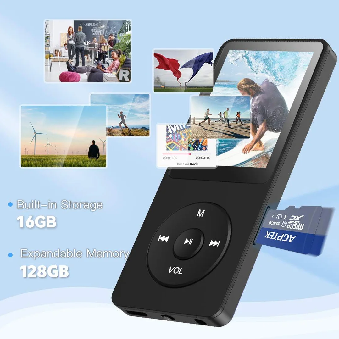 AGPTEK MP3 Player, 16GB verlustfrei MP3 mit 1,8 Zoll Bildschirm, 70 Stunden tragbare Musik Player mit Kopfhörer, FM Radio, Bilder, Aufnahmen, E-Buch, Schwarz