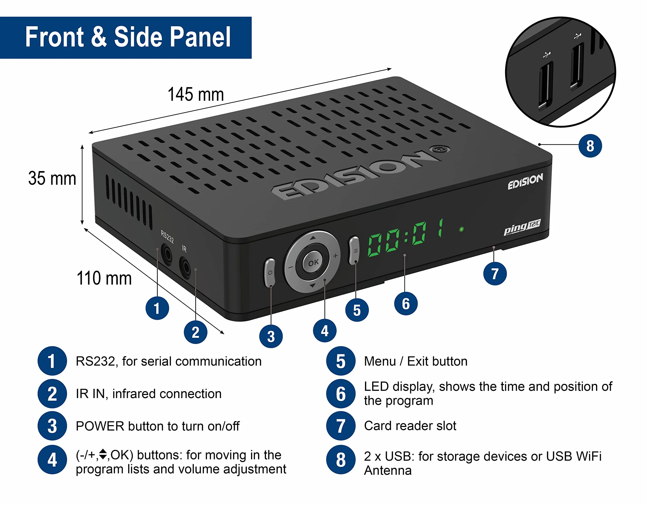 Edision PING T2 C Terrestrischer & Kabel Receiver DVB-T2 C H.265 HEVC Kartenleser Full HD PVR, 2xUSB, HDMI, SCART, LAN, S PDIF, IR-Auge, R2232, USB WiFi Support, Universal 2in1 Fernbedieung Schwarz