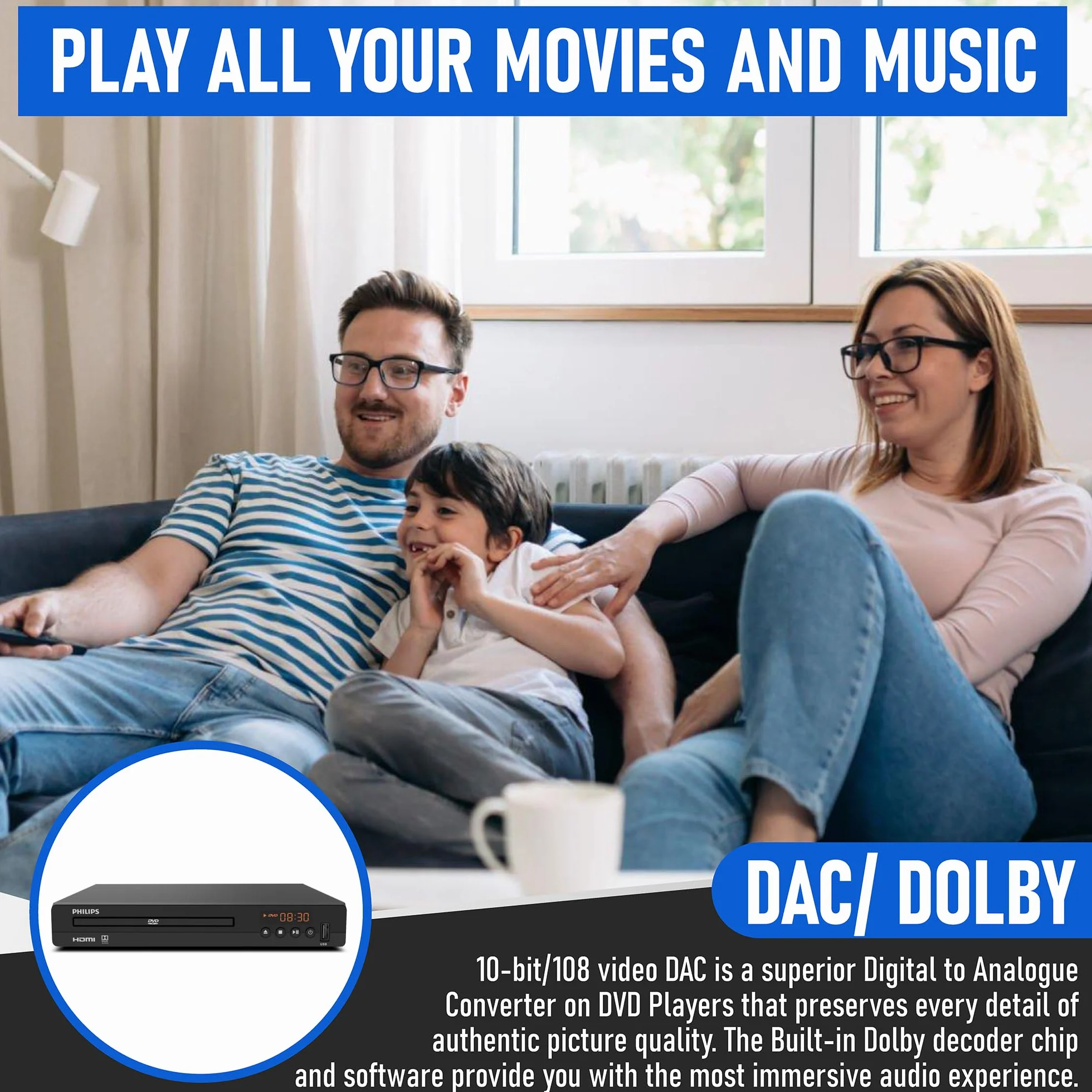 Philips DVD-Player für Fernseher mit HDMI-Anschluss 1080P All Region HD DVD Player für Smart TV USB-Eingang Fernbedienungsgerät Mini DVD CD Player für Heim-Stereoanlage HDMI- und Cinch-Kabel im