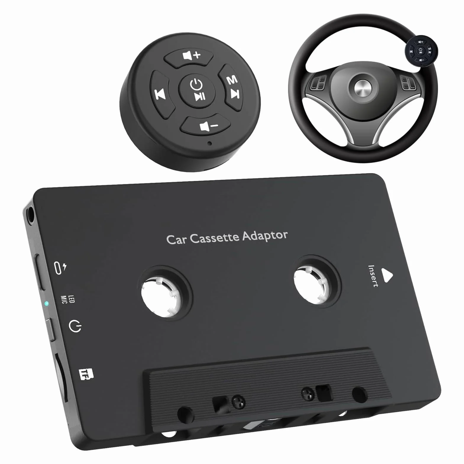 Asixxsix Car Audio Bluetooth 5.4 Kassettenempfänger, Kabelloser Kassetten-Aux-Adapter mit Lenkradfernbedienung, für Smartphones, Tablets, MP3-TF-Karte