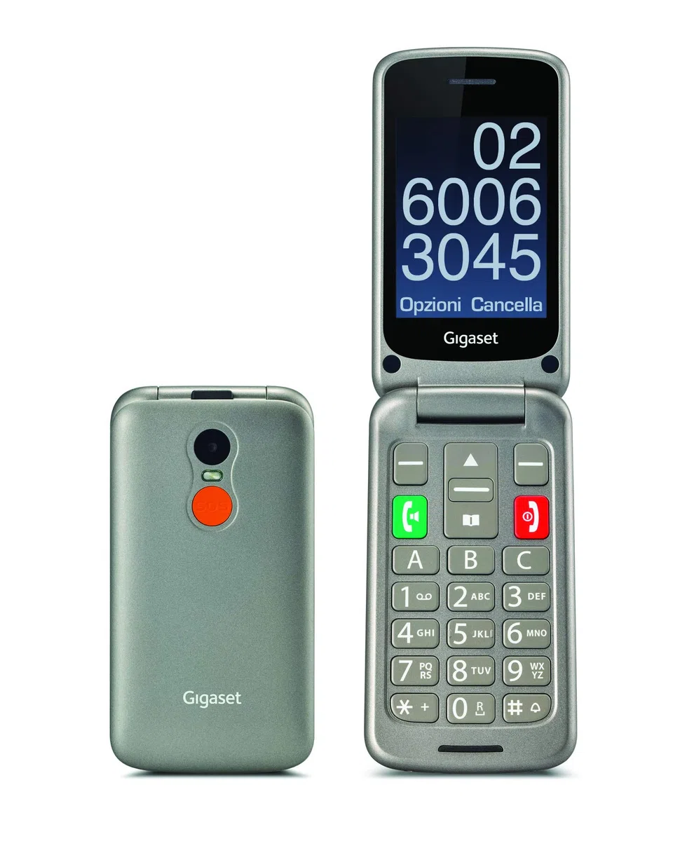 Gigaset GL590 GSM - Senioren GSM Mobiltelefon mit SOS-Funktion - einfache Bedienung mit 2,8" Farbdisplay und sprechenden Tasten - Hörgerätkompatibel - Klapphandy ohne Vertrag, titan-silber