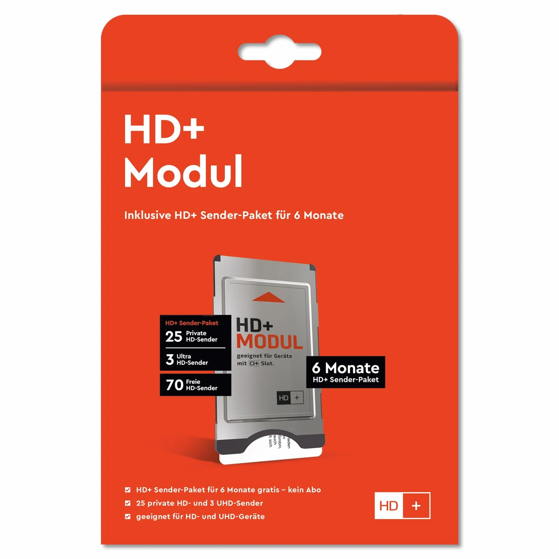 HD+ Modul für Satelliten-TV CI+ | inklusive 6 Monate HD+ Sender-Paket | 25 Private HD-Sender, 3 UHD-Sender, 70 frei empfangbare Programme | kein ABO | kompatibel mit Fernseher oder Sat-Receiver