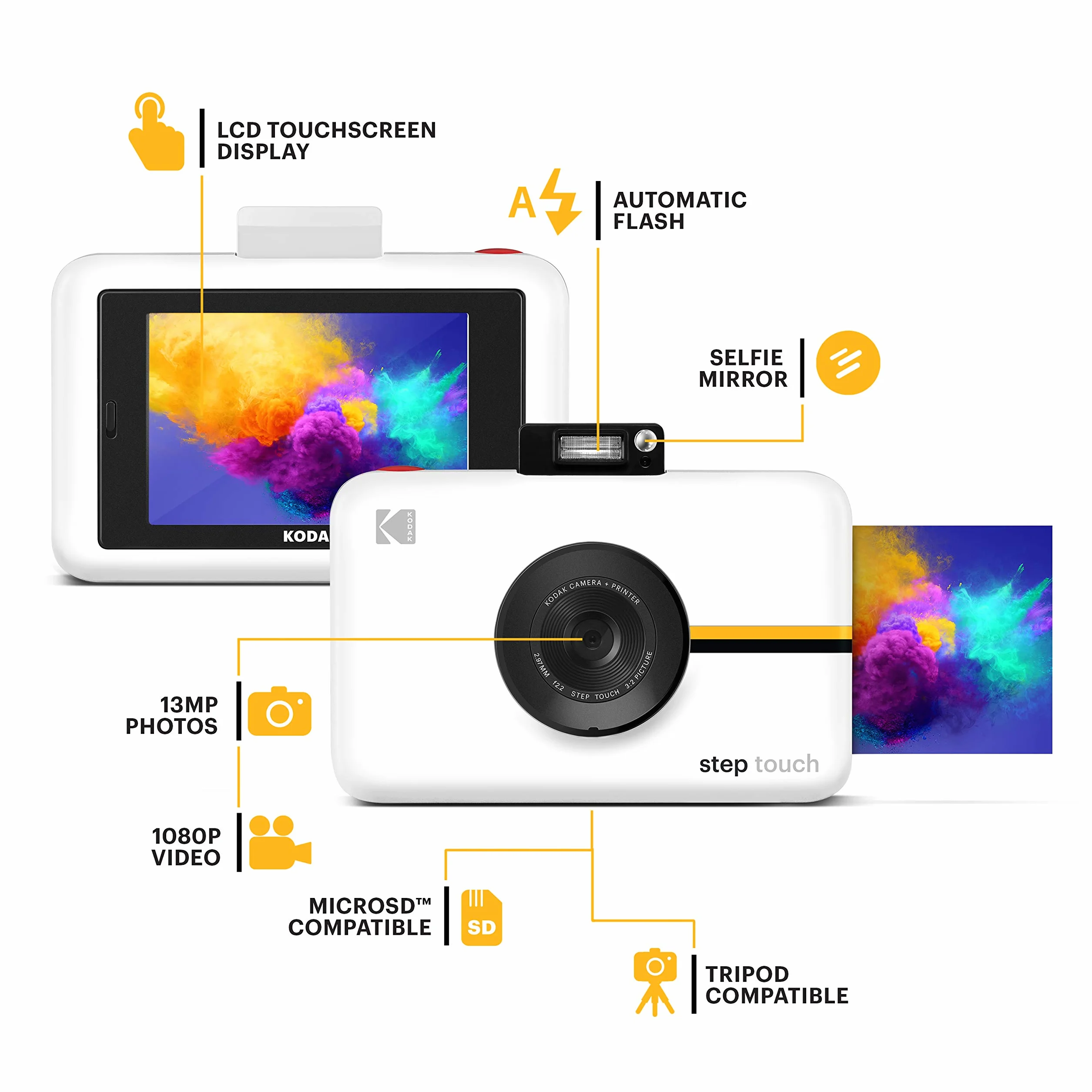 KODAK Step Touch 13 MP Digitalkamera Sofortbilddrucker 3,5-Zoll-LCD-Touchscreen 1080p HD-Video Bluetooth Zink Zero Ink Weiß