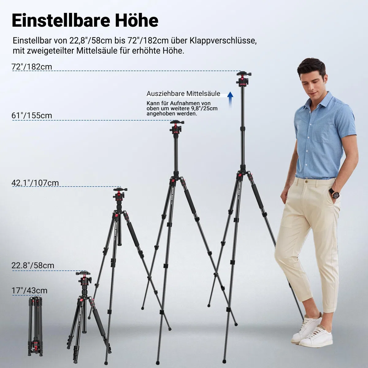 NEEWER Basics 72" / 182cm Reisestativ Einbeinstativ kompakter Leichter tragbarer Kamera Stativ Ständer für Aufnahmen, Arca Typ Kugelkopf, Handyhalterung kompatibel mit iPhone, max. Last 6kg, TP14B