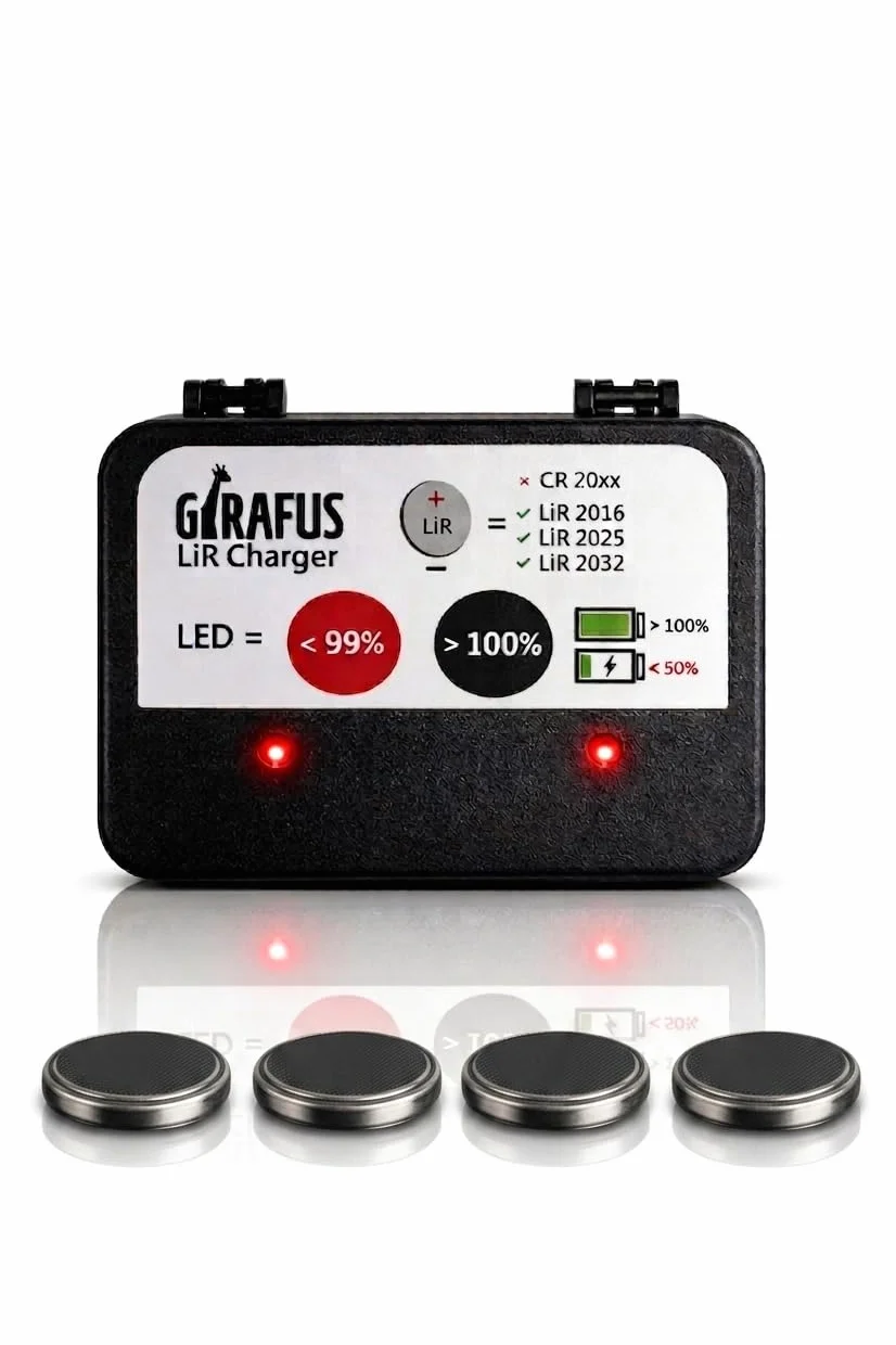 Knopfzellen Ladegerät für LIR-2032/2016 / 2025 Akkus USB Batterieladegerät Inklusive 4X LiR2032 (ersetzen CR2032 Batterien) 3.7Volt Akkus Akkuladegerät