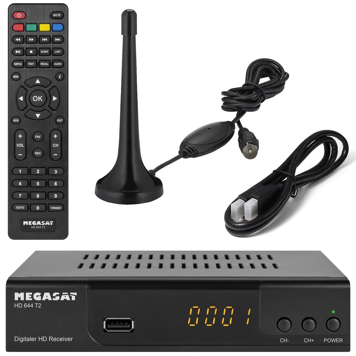 Megasat T644 DVB-T2 Receiver + aktive Zimmerantenne, HDTV für frei Empfangbare DVB-T2 Sender + netshop 25 HDMI Kabel