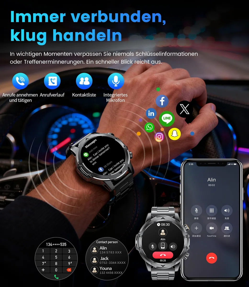 Smartwatch Herren mit 1000mAh Akku für Android iOS, 1,53" HD Großes Touchscreen Militär Smart Watch mit 24H Herzfrequenz/110 Sportmodi, IP68 Wasserdicht Taschenlampe Fitnessuhr, Schwarz-Orange