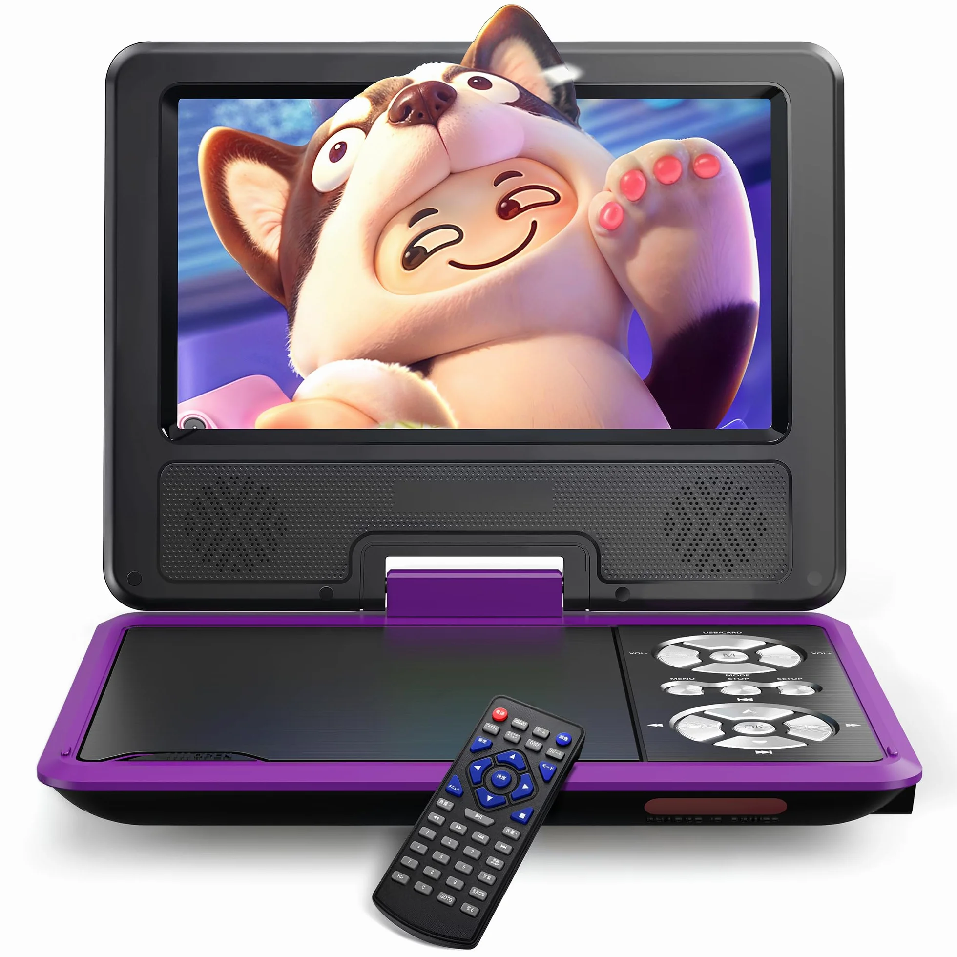 WOLFANG 9,5 Zoll Aufladbarer Tragbarer DVD-Player für Kinder im Auto, 7,5 Zoll HD Drehbildschirm, 6 Stunden Spielzeit, Sync TV/USB/SD, Keine Blu-ray-Unterstützung (Lila)