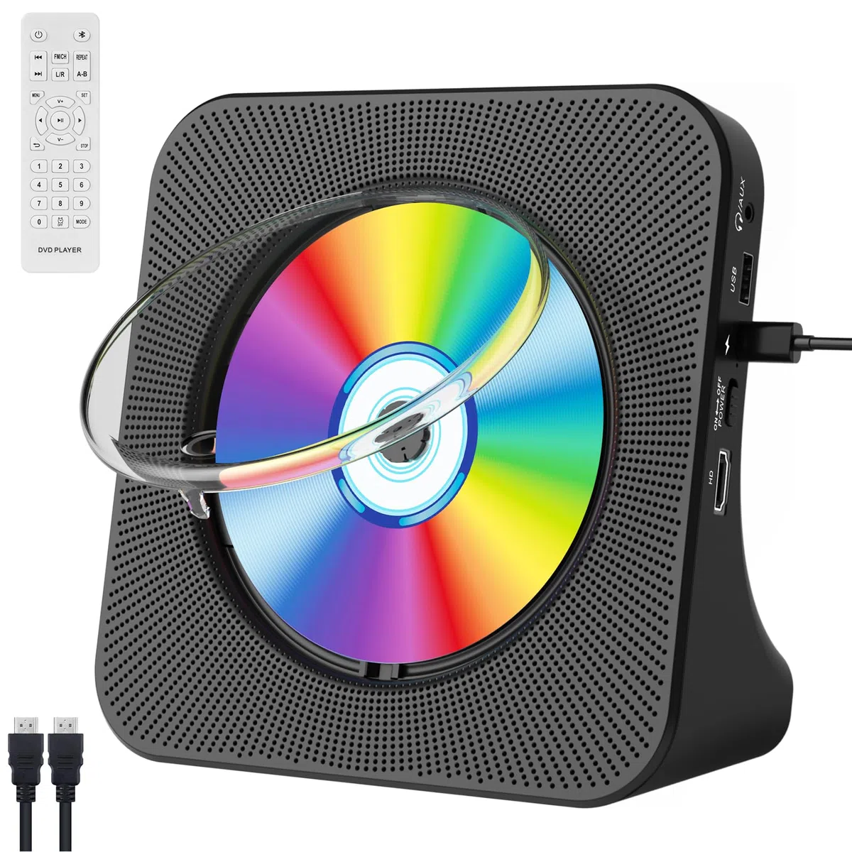 Qoosea DVD Player für TV Desktop DVD/CD Player für Zuhause mit Bluetooth Lautsprechern Display Wecker FM Radio mit CD Player USB Card Playback Inklusive Fernbedienung, HDMI & AV Kabel