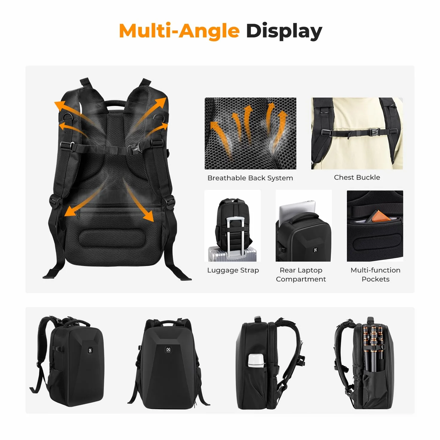 K&F CONCEPT Kamerarucksack Fotorucksack mit Hartschale Kameratasche mit 15,6-Zoll-Laptopfach und Regenschutz, Rucksack für Drohnen