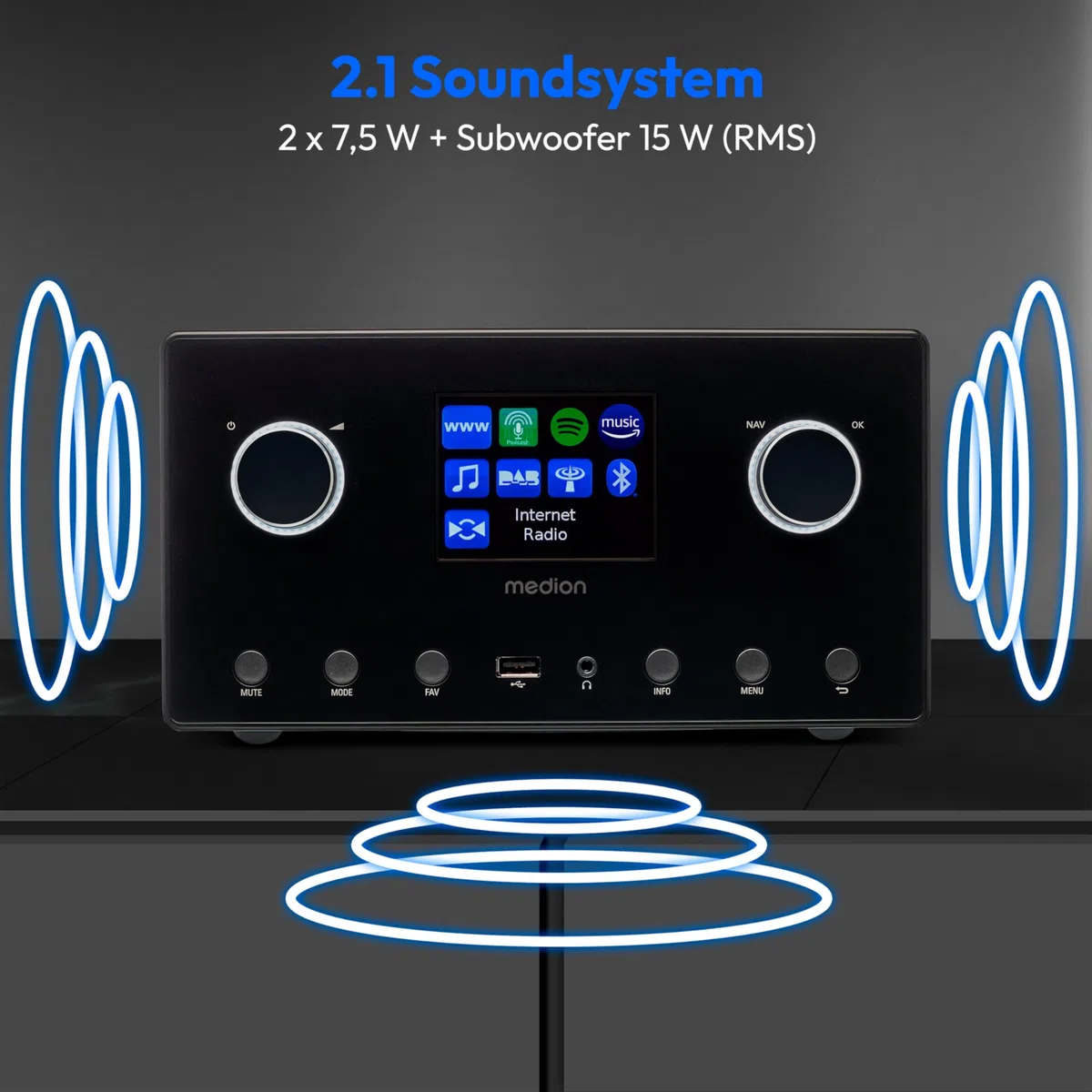 MEDION P85444 2.1 Internetradio mit Subwoofer (DAB+, UKW Radio, Spotify Connect, WLAN, Bluetooth, Streaming, Equalizer, Farbdisplay, USB, AUX, Wecker, Schlummerfunktion, Sleep Timer) schwarz