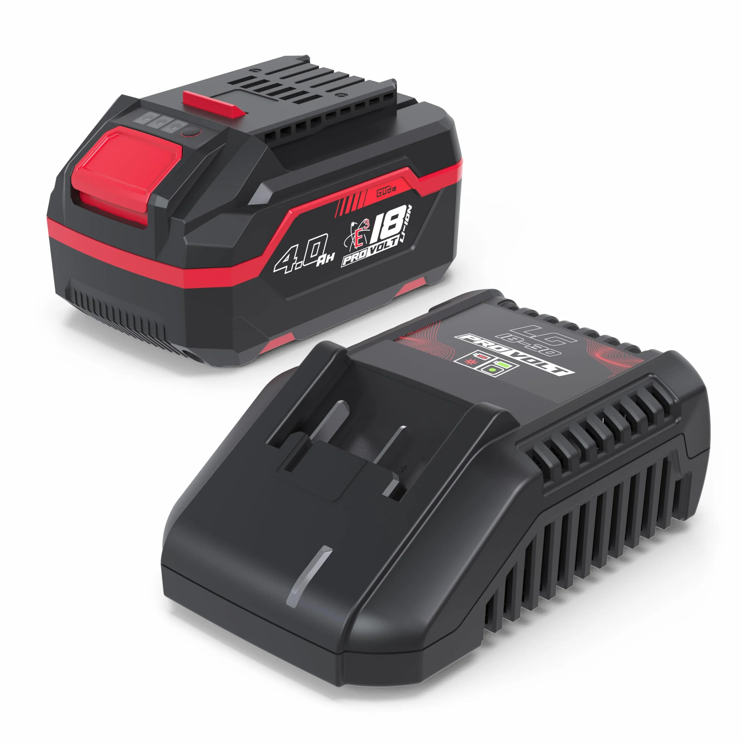 Güde Ladegerät & Akkupack Starter-Kit LGAP 18-3040 P - 18 V Li-Ion, 4 Ah Akkupack & 3A Schnellladegerät, 72 Wh Akkuleistung, Anti-Rutsch Gummierung, Kapazitätsanzeige, passend zu allen 18V E³ Artikeln