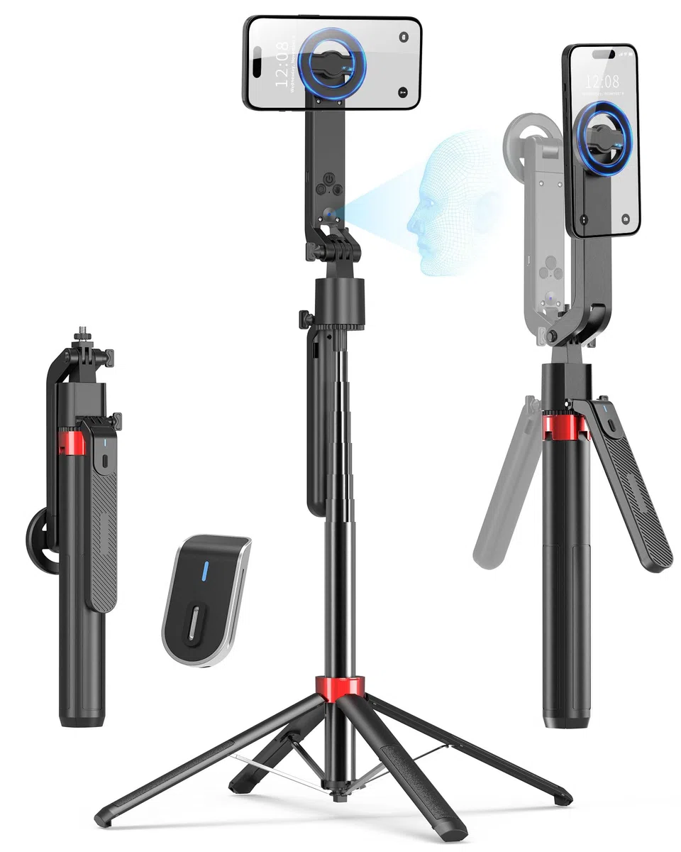 PlusAcc 184cm Auto Face Tracking Stativ Magnetischer Selfie Stick 360° Drehung Halter mit Fernbedienung kompatibel Magsafe Smartphone Videoaufnahmen Vlogging TikTok