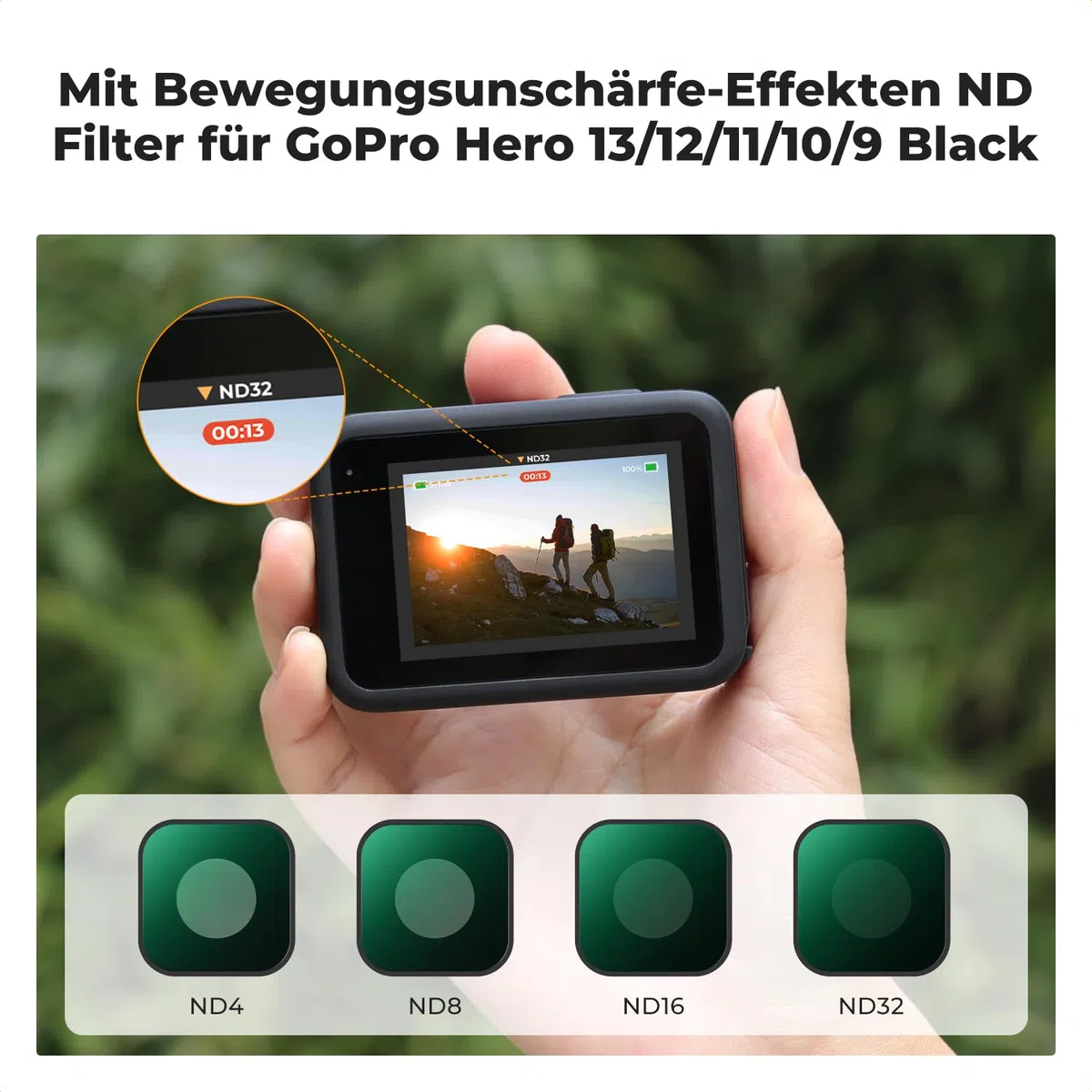 K&F CONCEPT ND Filter Set Kompatibel mit GoPro Hero 13 Black, 4 Pack ND4 ND8 ND16 ND32 Neutral Density Light Reduction Filter für GoPro Hero 12/11/10/9 Black, Graufilter HD Optical Glass