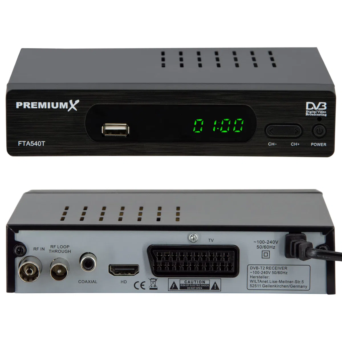 PremiumX FTA 540T Full HD Digitaler DVB-T2 terrestrischer TV Receiver H.265 HEVC | USB Mediaplayer SCART HDMI Antennenkabel | Auto Installation