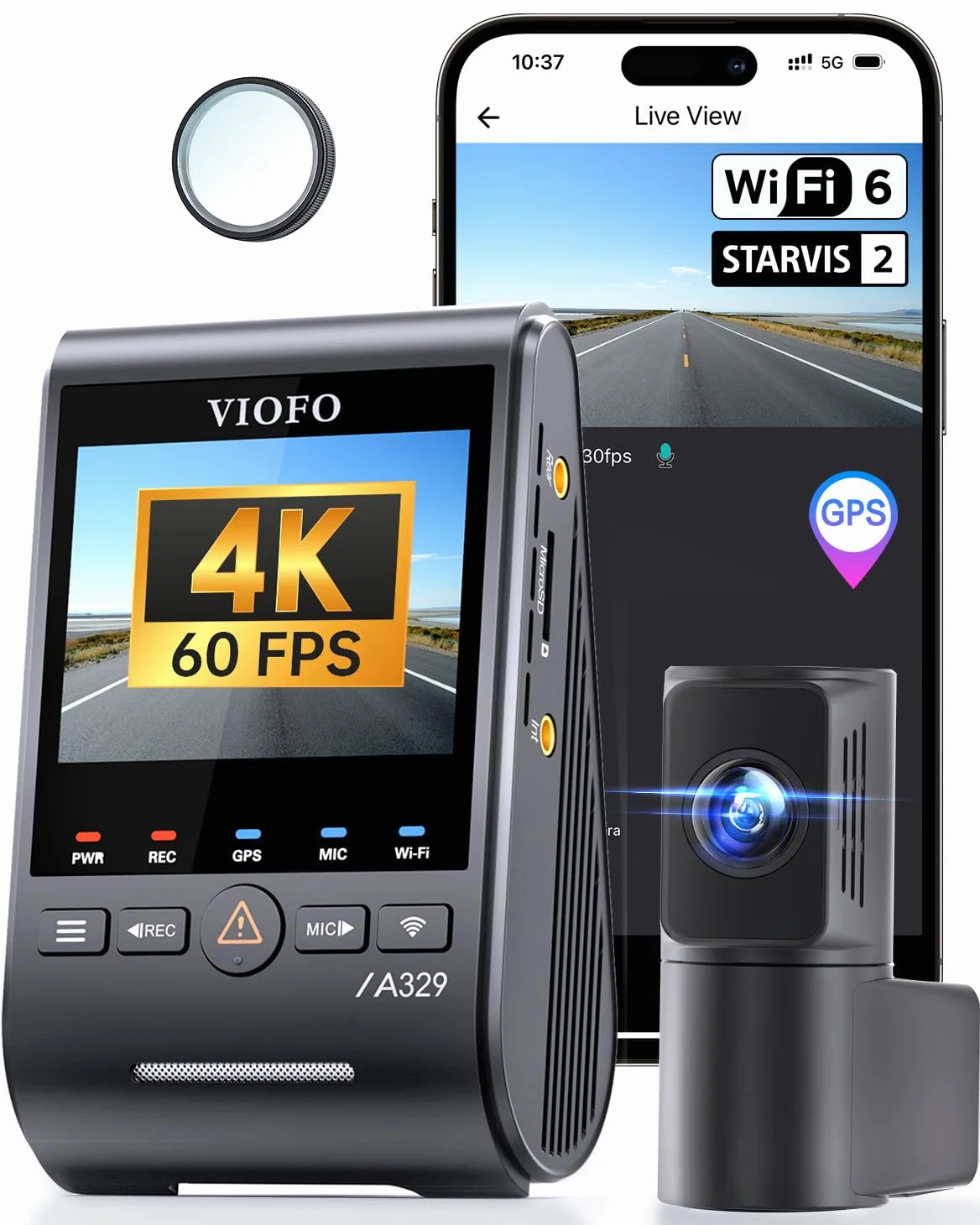 VIOFO A329S 2CH 4K 60FPS Dashcam vorne hinten, 4K + 2K Dual Dashcam Auto, Upgraded Energiespar-Parkmodus, Wi-Fi 6 u. App Steuerung, Dual STARVIS 2 Autokamera, Nachtsicht/HDR 2.0, optional 4 TB SSD