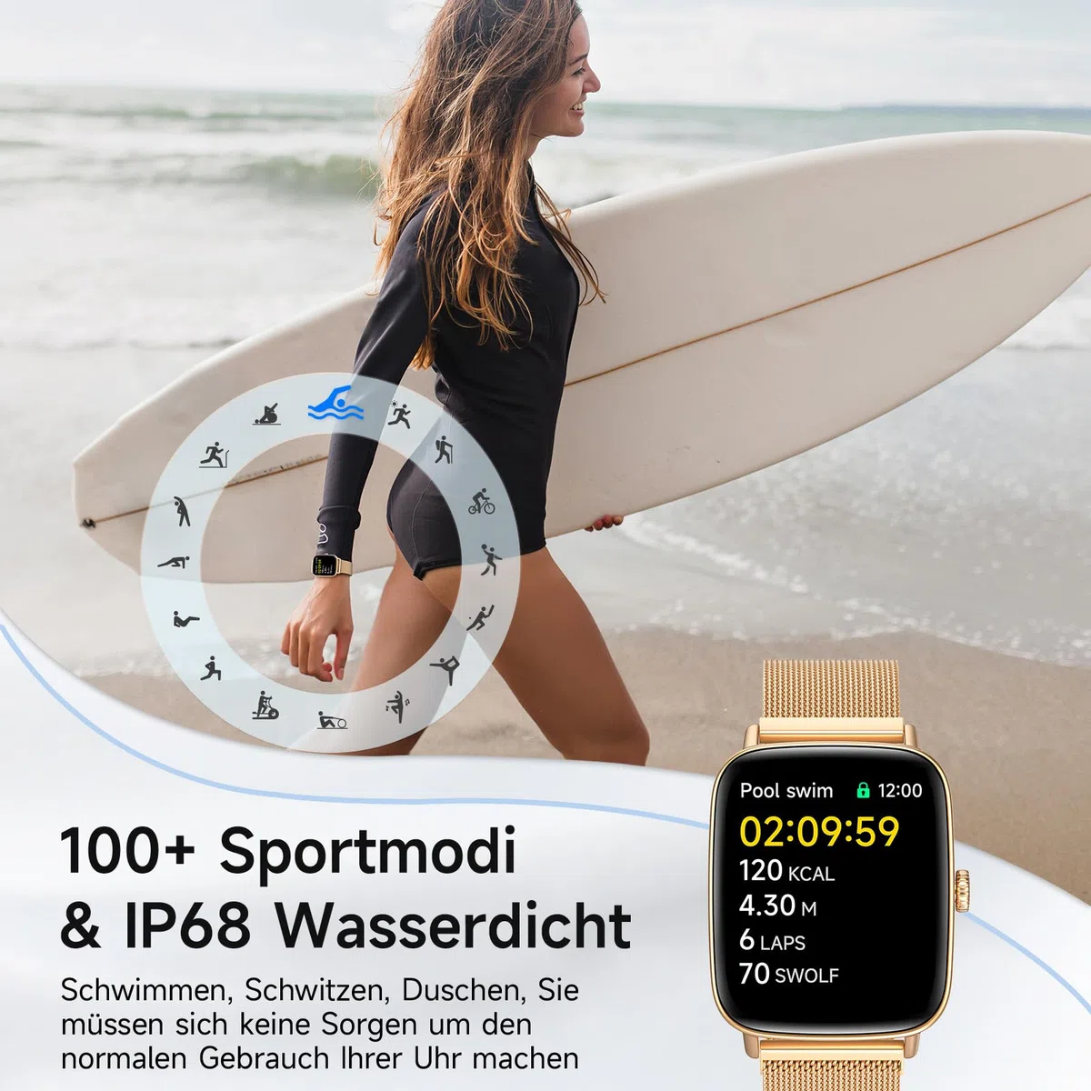 Smartwatch Damen mit Telefonfunktion 1.85" HD Herzfrequenz Schlafmonitor SpO2 Schrittzähler 110+ Sportmodi Fitnessuhr IP68 Wasserdicht Kompatibel iOS Samsung Android