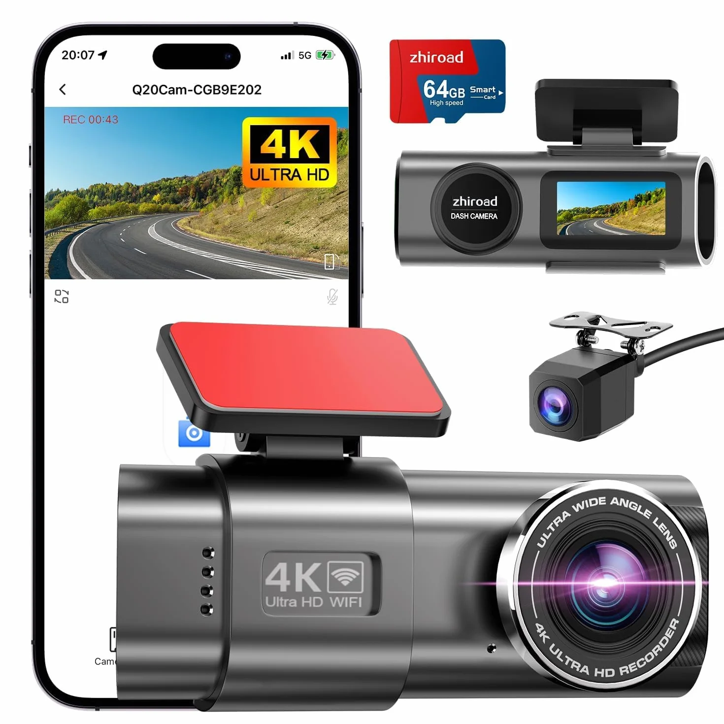 Dashcam Auto Vorne Hinten 4K+1080P,WiFi Dashcam mit Parküberwachung,64G SD Karte,Super Nachtsicht, WDR, 170°+140° Weitwinkel, 1.47“ IPS-Bildschirm,G-Sensor, Loop-Aufnahme, APP Steuerung