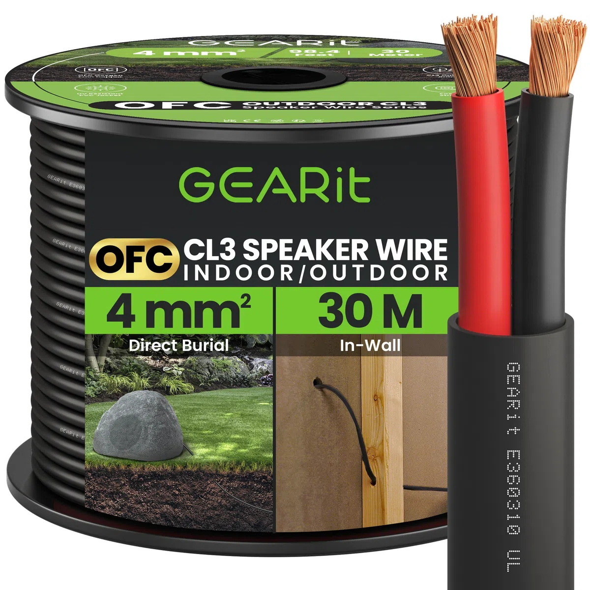 GearIT CL3-Lautsprecherkabel, AWG, 12 Gauge, AWG, für Innen- und Außenbereich, OFC-Draht, sauerstofffreies Kupfer, direkte Erdverlegung, 12 AWG, 30 m, Schwarz