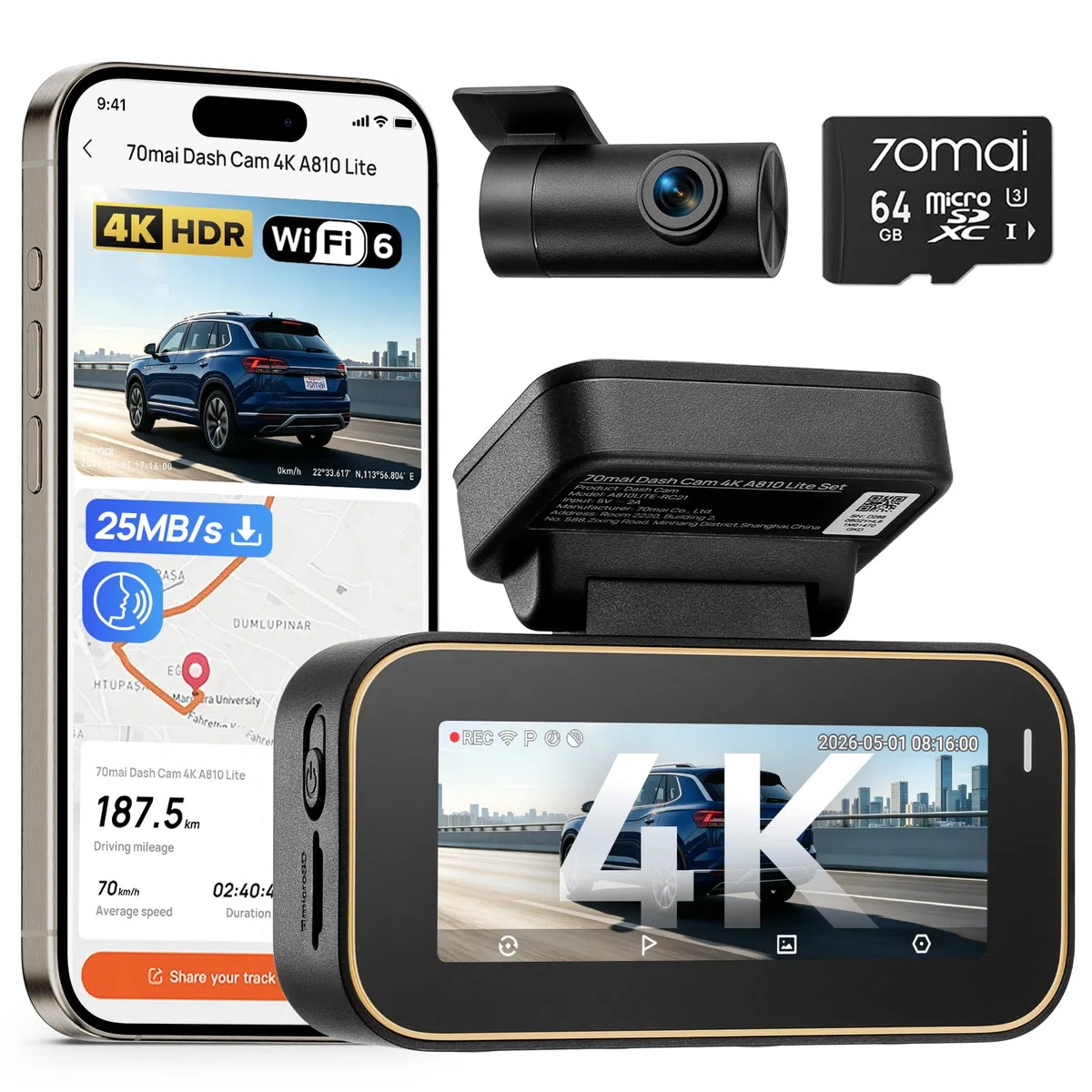 70mai A810 Lite Dashcam 4K 2160P+1080P 64GB Karte 24H Parküberwachung 4G LTE Fernzugriff G-Sensor Nachtsicht HDR F1.55 5GHz WiFi