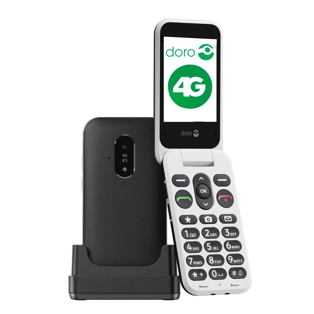Doro - Telefon Leva E22 – 4G Klapphandy für Senioren – 2,8 Zoll Display, kontrastreiche Tasten, besonders klarer Klang, HD Voice, Kamera, Secure-Taste – Inklusive Ladestation – Schwarz/Weiß
