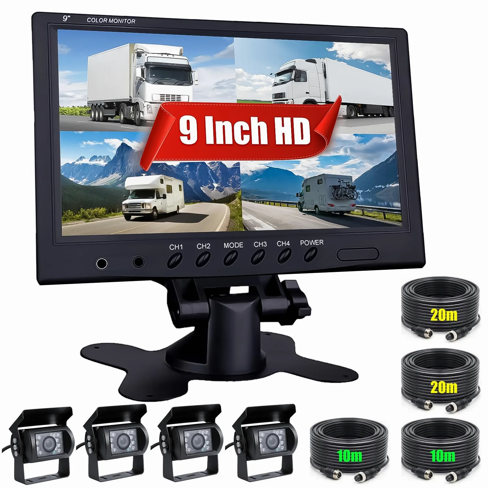 CAMECHO Rückfahrkamera 4 Kameras Set 9" Monitor IP68 wasserdicht 18IR Nachtsicht Weitwinkel 12V-35V für LKW Anhänger Bus Van