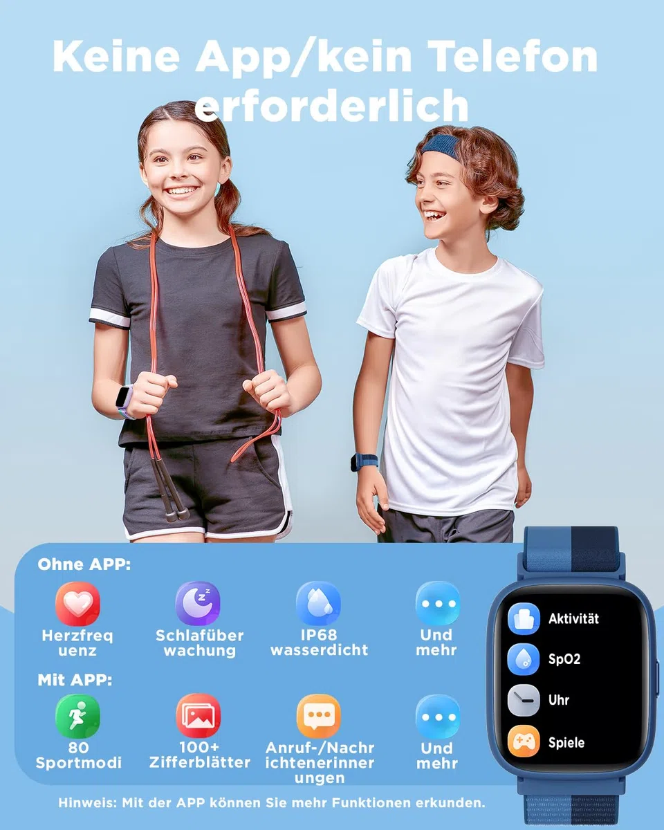 BIGGERFIVE Smartwatch Kinder 1,8" Fitness Uhr Schrittzähler 24/7 Puls IP68 Wasserdicht Schlafmonitor Wecker 5 Puzzlespiele Fitness Tracker Mädchen Jungen Teens 5-16 Nylon