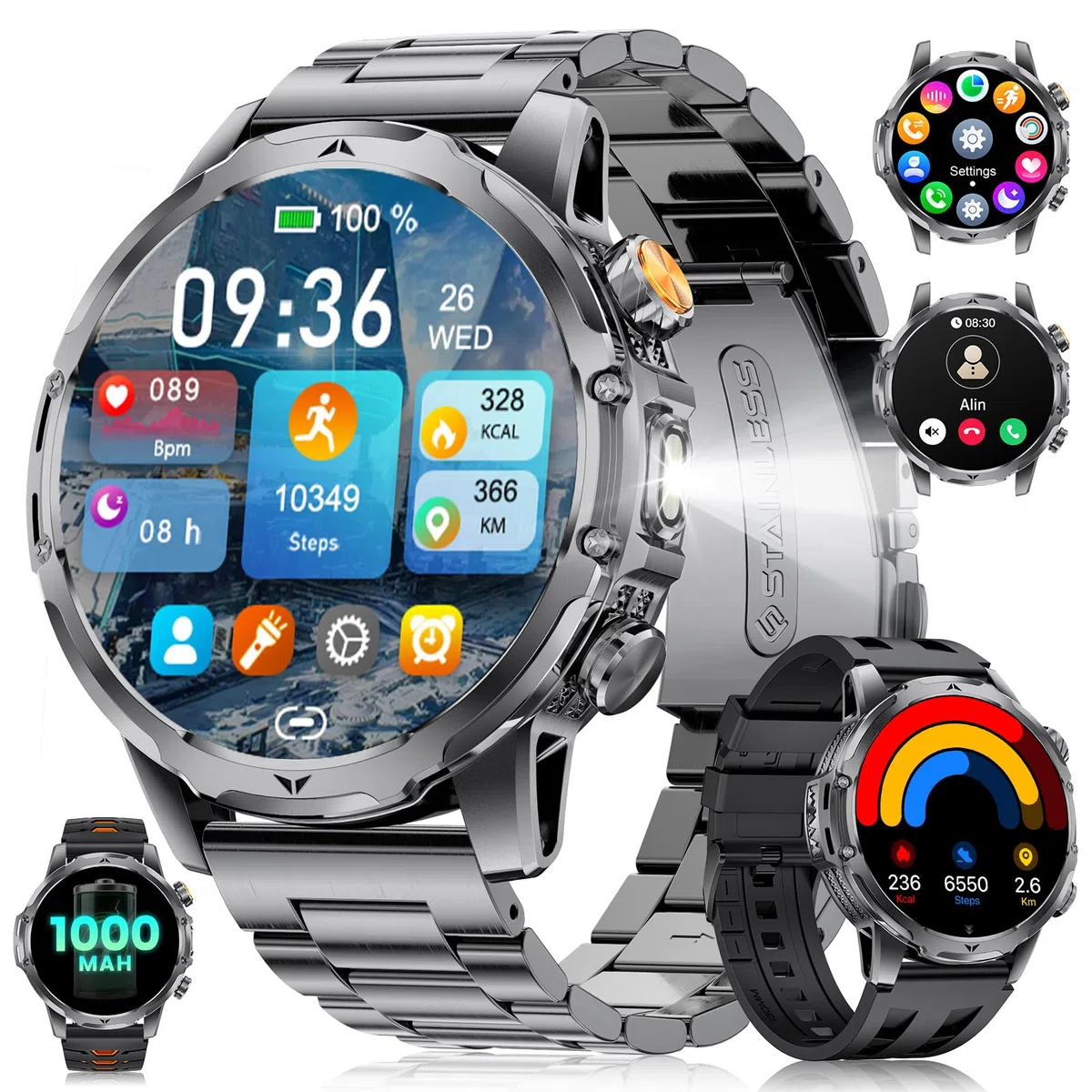 Smartwatch Herren mit 1000mAh Akku für Android iOS, 1,53" HD Großes Touchscreen Militär Smart Watch mit 24H Herzfrequenz/110 Sportmodi, IP68 Wasserdicht Taschenlampe Fitnessuhr, Schwarz-Orange
