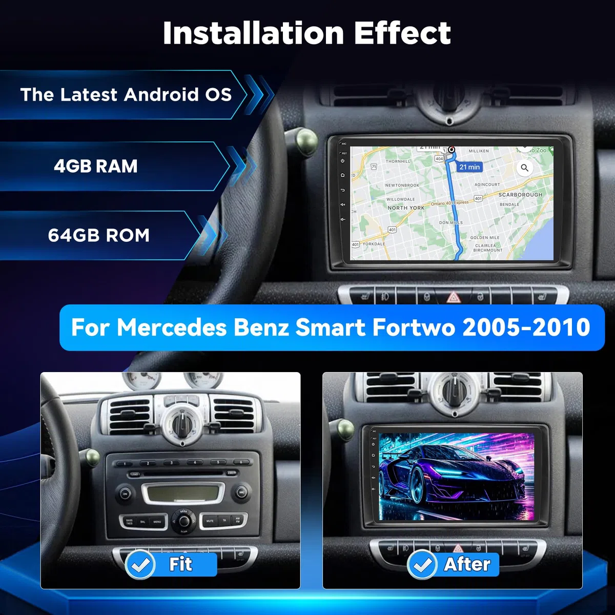 4+64G Android Autoradio für Mercedes Benz Smart Fortwo 2005-2010, 9 Zoll 2.5D IPS Touchscreen Stereo mit Wireless CarPlay & Android Auto, GPS WiFi Bluetooth 5.0 FM RDS, DSP Sound + AHD Rückfahrkamera