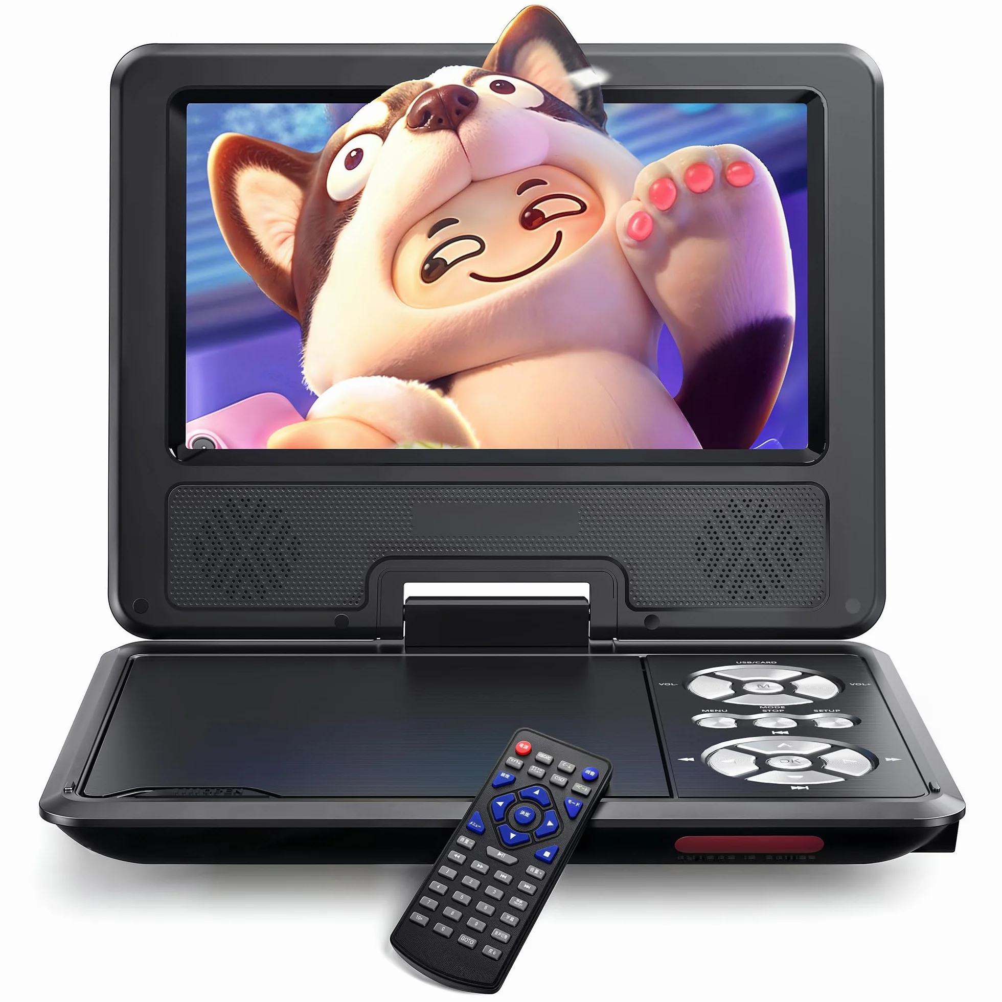 WOLFANG 9,5 Zoll Aufladbarer Tragbarer DVD-Player für Kinder im Auto, 7,5 Zoll HD Drehbildschirm, 6 Stunden Spielzeit, Sync TV/USB/SD, Keine Blu-ray-Unterstützung (Schwarz)