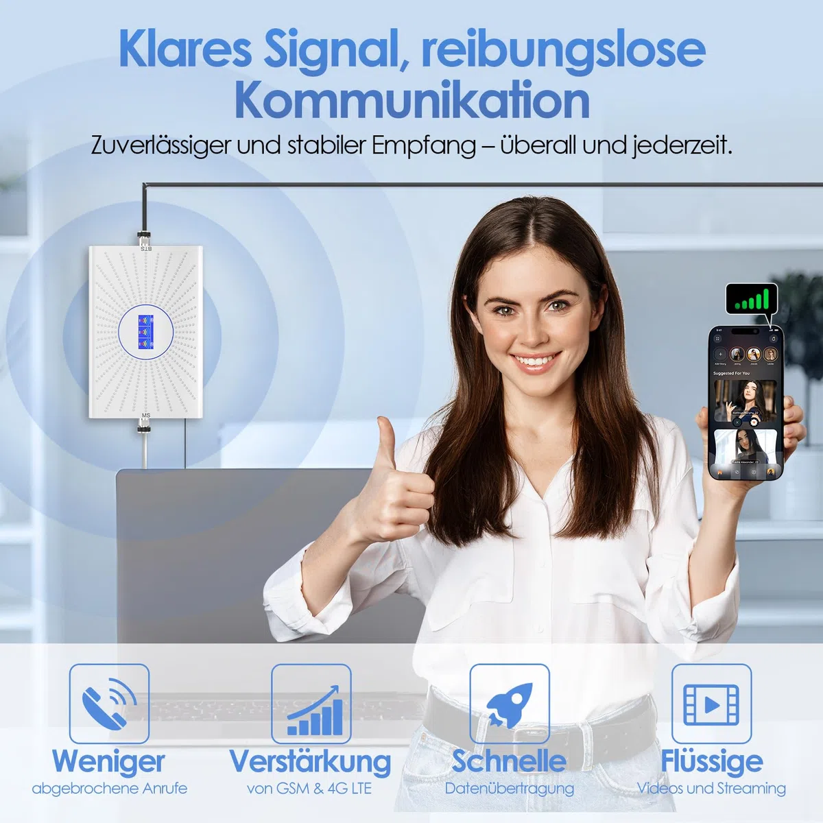 Handy Signalverstärker für Haus Mobilfunkverstärker 900/1800/2100MHz GSM LTE Repeater für Telekom Vodafone O2 70dB DREI-Band-Verstärker mit Yagi Außenantenne LCD-Anzeige für Home Office