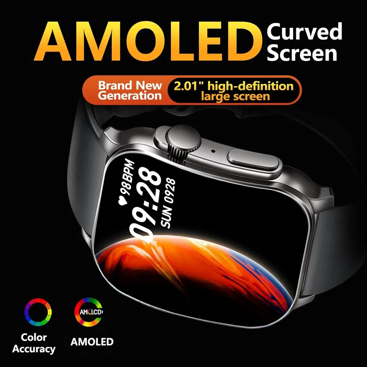 Smartwatch Damen Herren 2.01" HD AMOLED Curved Bluetooth-Anrufe Fitnessuhr Pulsmesser Schlafmonitor Schrittzähler IP68 Wasserdicht Lange Akkuleistung