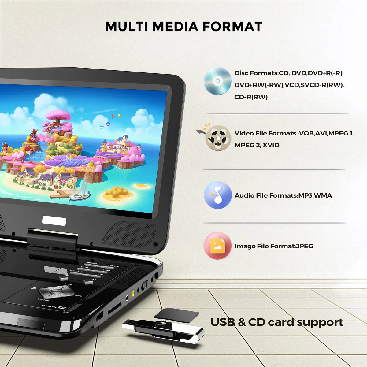 SUNPIN 12,5 Zoll Tragbarer DVD Player mit 10,5 Zoll HD Schwenkbaren Bildschirm, 6h Akkulaufzeit, Region Free, AV-Out/Kopfhörerbuchse, Auto Halterung Inklusive - Ideal für Reisen/Auto/Kinder