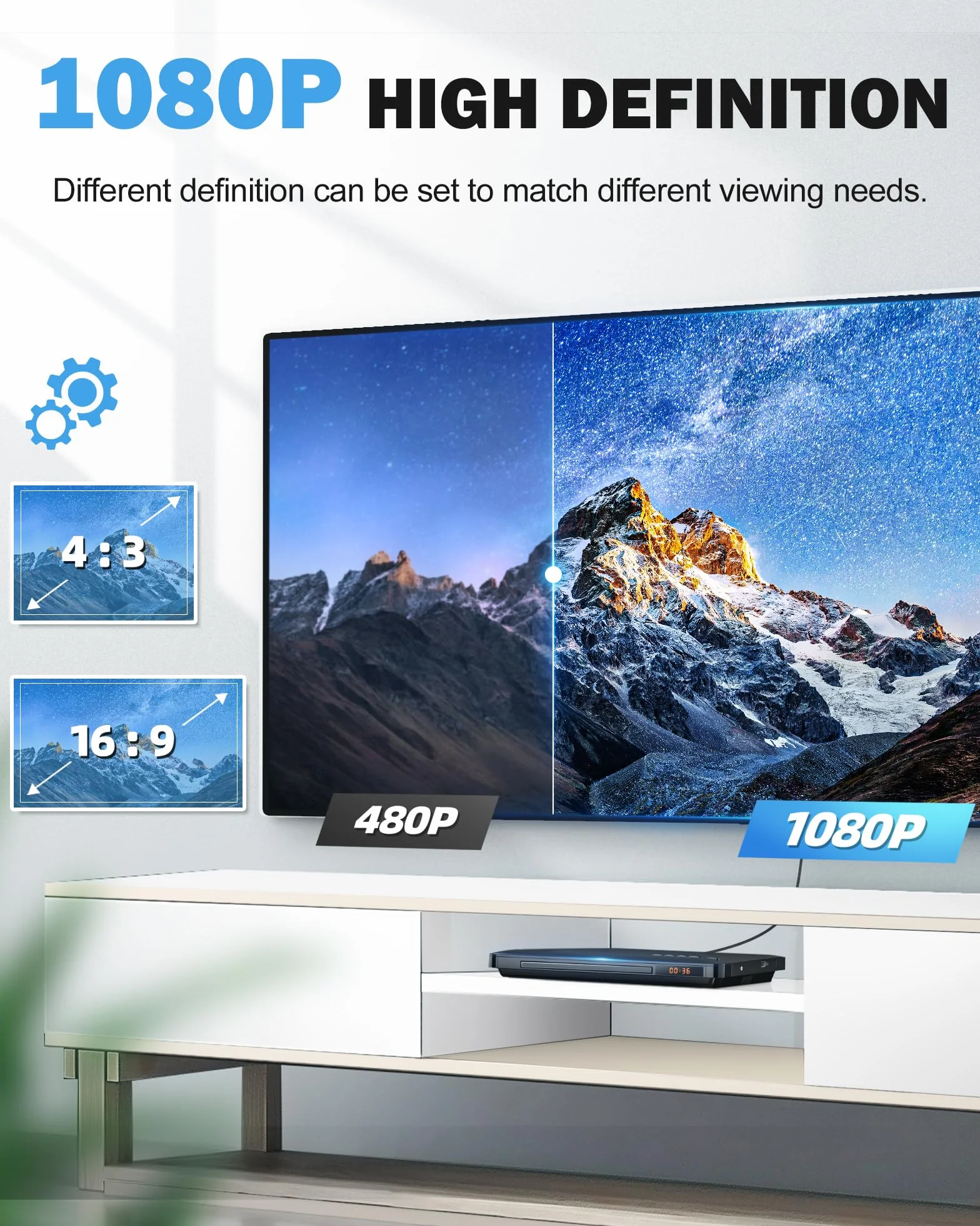 DVD Player für TV mit HDMI, Alle Region Free DVD-Player mit NTSC/PAL-System, CD-Player für Heim-Stereoanlage, HDMI/RCA-Kabel im Lieferumfang, Fernbedienung (ohne Batterie)