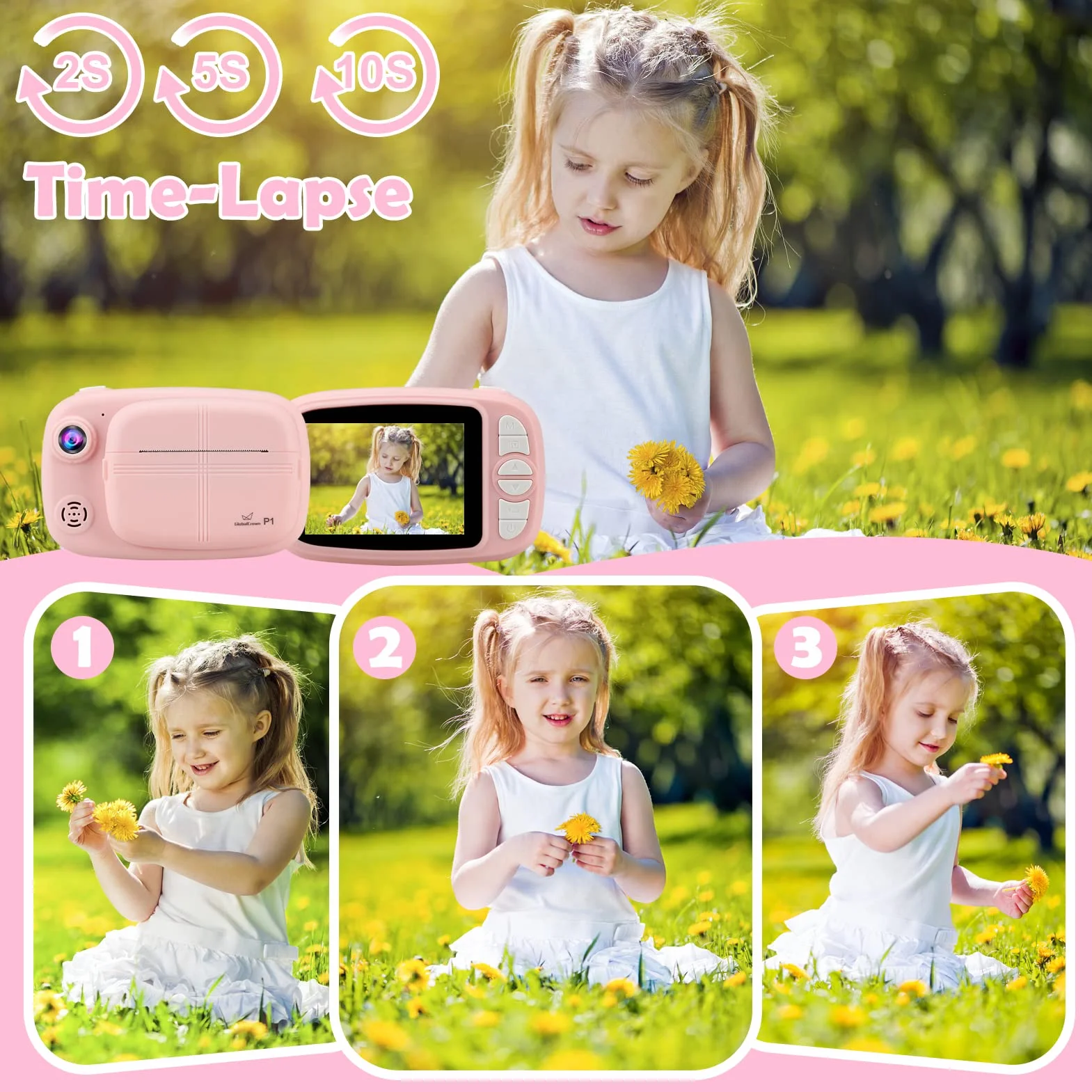 GlobalCrown Sofortbildkamera Kinder,Digitalkamera kinderkamera sofortbildkamera fotoapparat Kinder Kamera Geschenke für 3-12 Jahre Jungen Mädchen (einschließlich 4 Rollen Druckpapier und 32GB Karte)