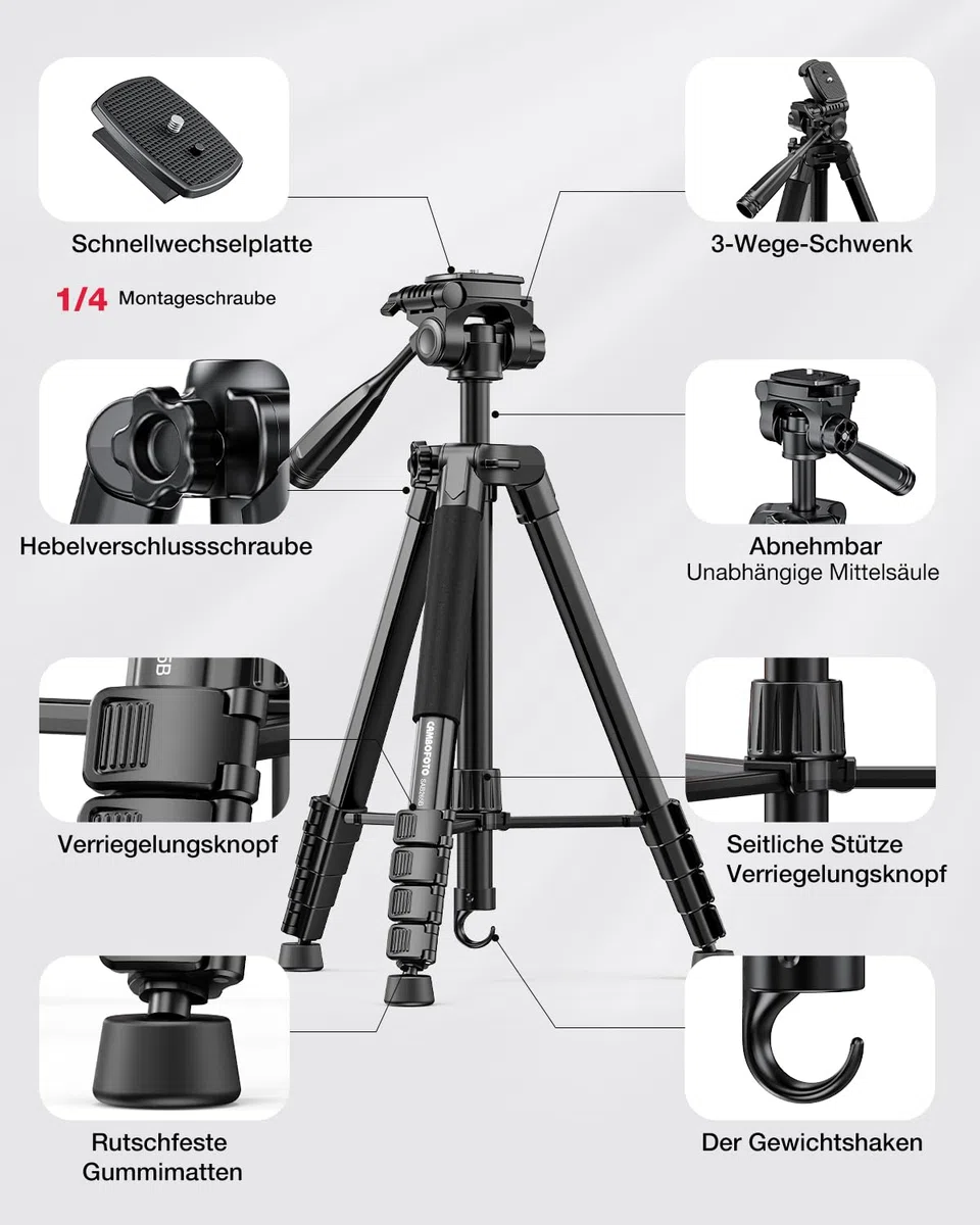 CAMBOFOTO 186cm Aluminium Stativ für DSLR, Spiegellose Kameras, Handys, Camcorder, mit Handyhalterung & Reisetasche (Schwarz)