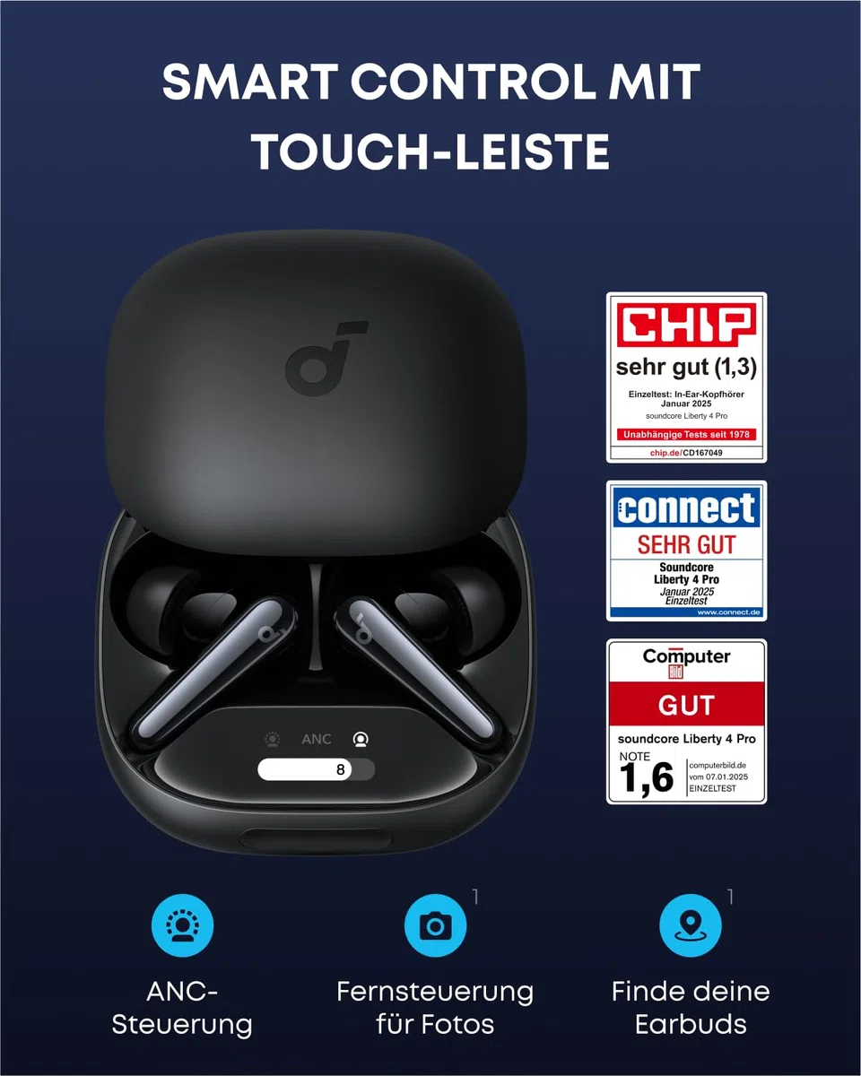 soundcore Liberty 4 Pro von Anker, Kabellose Noise Cancelling Kopfhörer, Earbuds mit 7 Sensoren, ANC in Echtzeit, 2× schneller Laden, Hi-Fi-Musik Studio-Niveau, klare Anrufe mit 6 Mikros + KI