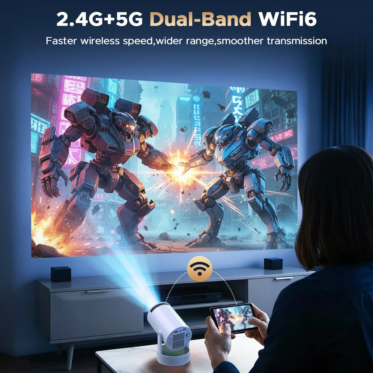 4K Mini Beamer mit Akku, Android 11.0, WiFi 6 Bluetooth 5.2, 220° Rotation, Auto Keystone – Tragbarer Projektor für Heimkino & Outdoor
