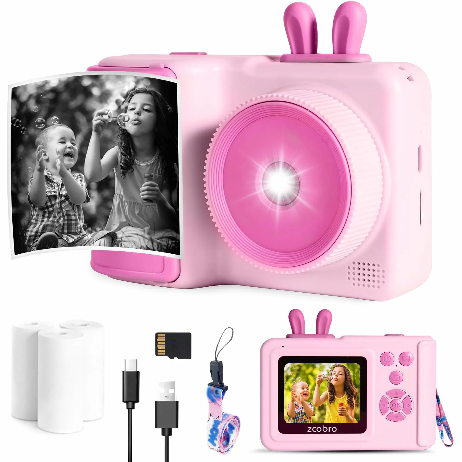 Kinder Sofortbildkamera Digitalkamera 1080P HD für Mädchen und Jungen Rosa