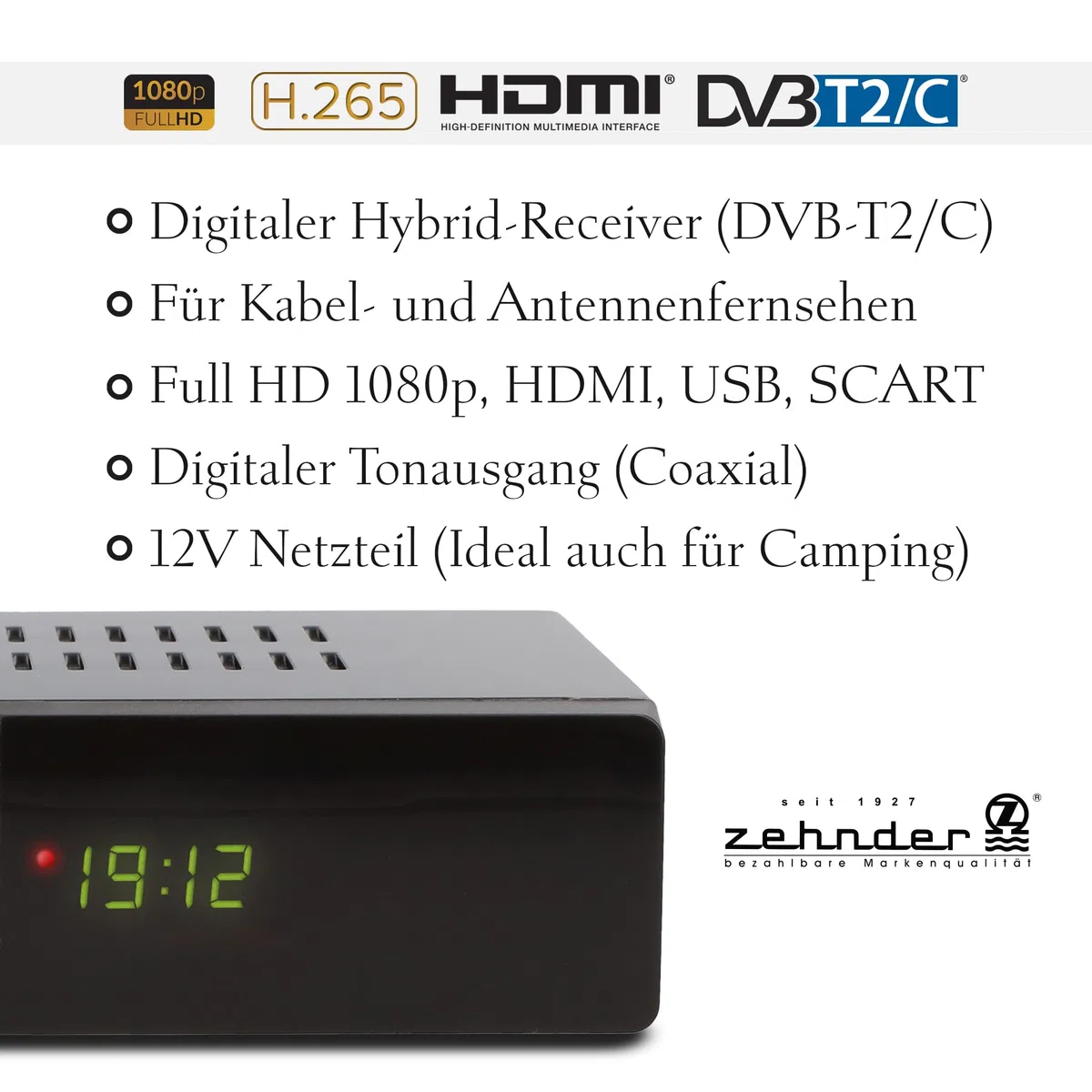 ZEHNDER HX 2400 TC Hybrid Receiver - DVB-C und DVB-T2 geeignet, Receiver für TV, Aufnahme und Timeshift Funktion über USB, 4-Stelliges LED Display, Lernbare Fernbedienung, 12V Netzteil, Full HD 1080p