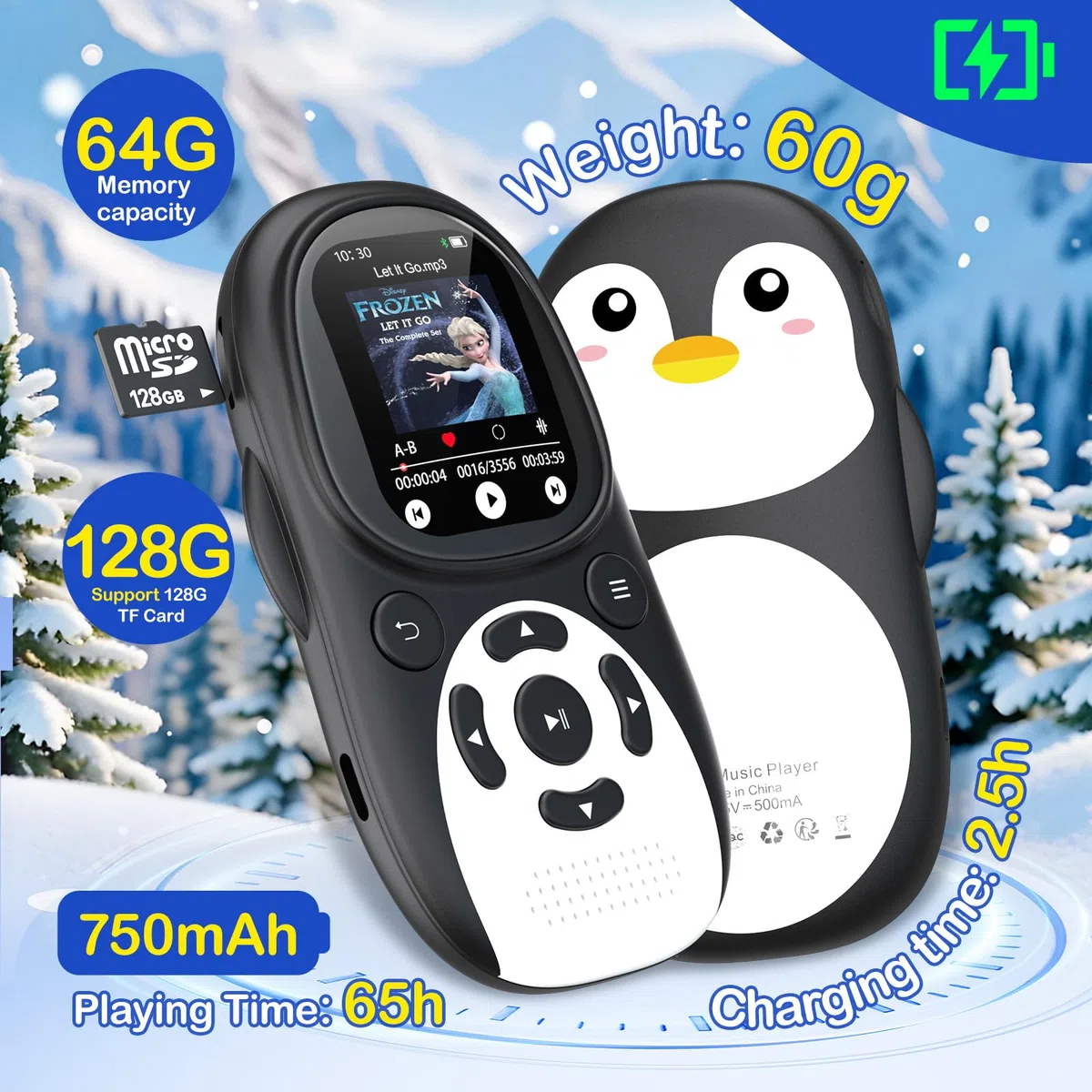 64GB MP3 Player Kinder, Bluetooth 5.3 Lautsprecher Pinguin Design Tragbarer Musikplayer mit 2" IPS Bildschirm, FM Radio, Sprachrecorder, Wecker, 128GB Erweiterbar