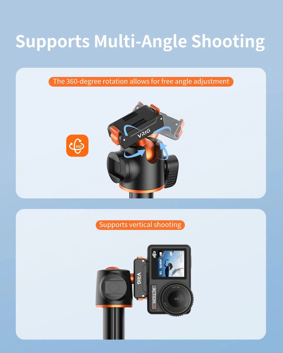 VRIG AC-40S Selfie Stick Stativ für DJI Osmo Action 5 Pro, Länge 33-140 cm, 1/4-Zoll-Schraube & Schnellverschluss-Adapterhalterung für DJI Osmo Action 4/3/Osmo 360