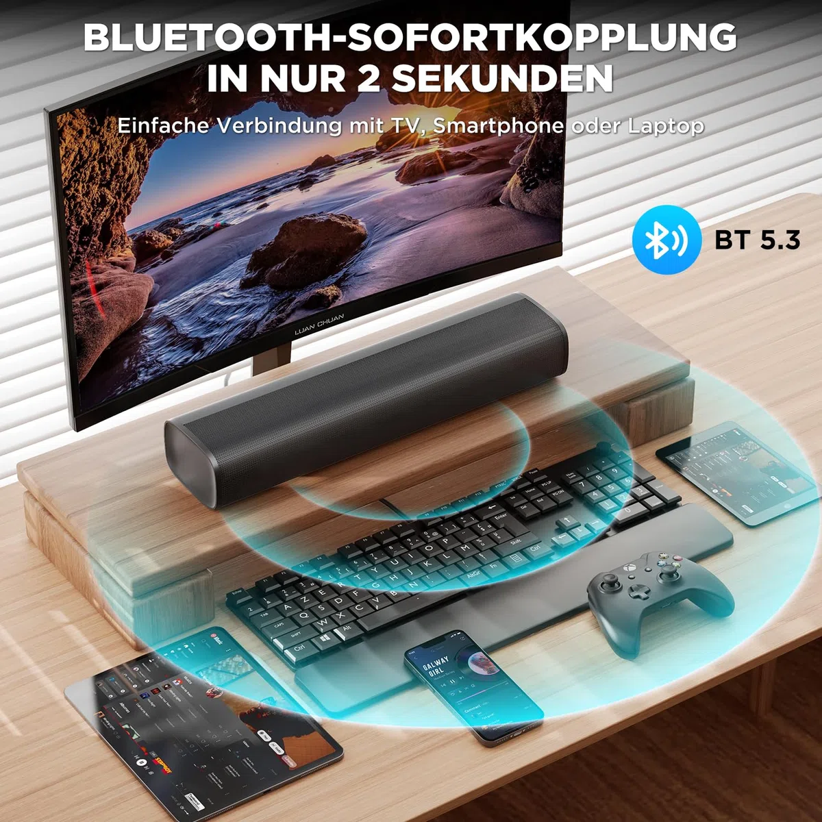 Soundbar for TV, 56W Speakers with Bluetooth 5.3/ARC/Optical/AUX Inputs – Wall Mountable Home Theater Surround Sound System Small Sound Bar for PC/Gaming/Projectors with 3 EQ Modes (Black) 1Pcs