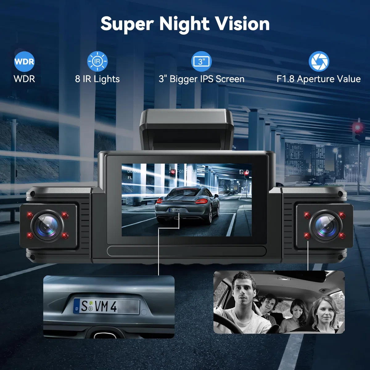 4 Kanal Dashcam Auto Vorne Hinten 4K+1080P mit WiFi,Dash Cam Auto Kamera 3" IPS Bildschirm,Kostenlose 64 GB Karte,Nachtsicht,G Sensor,Loop-Aufnahme,APP Steuerung,170°Weitwinkel WDR