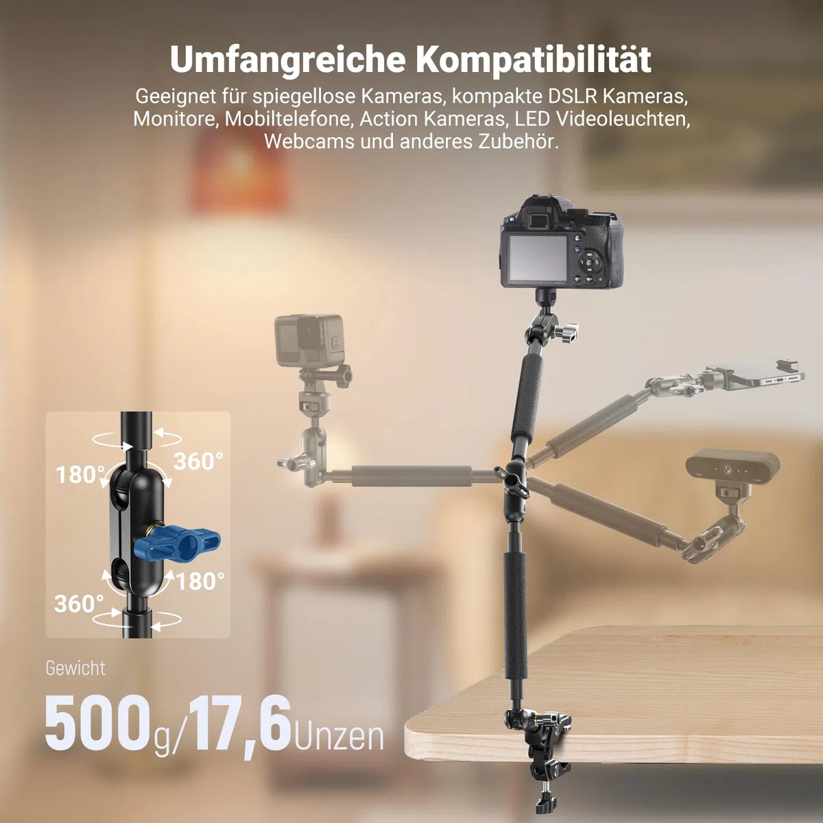 NEEWER 22" Magic Arm mit Klemme, Überkopf Tischkamera Telefonhalterung mit Doppel Kugelkopf Gelenkarm, 1/4" 3/8" Gewinde, Telefonhalter kompatibel mit iPhone DSLR Action Kamera Videoleuchte, UA057