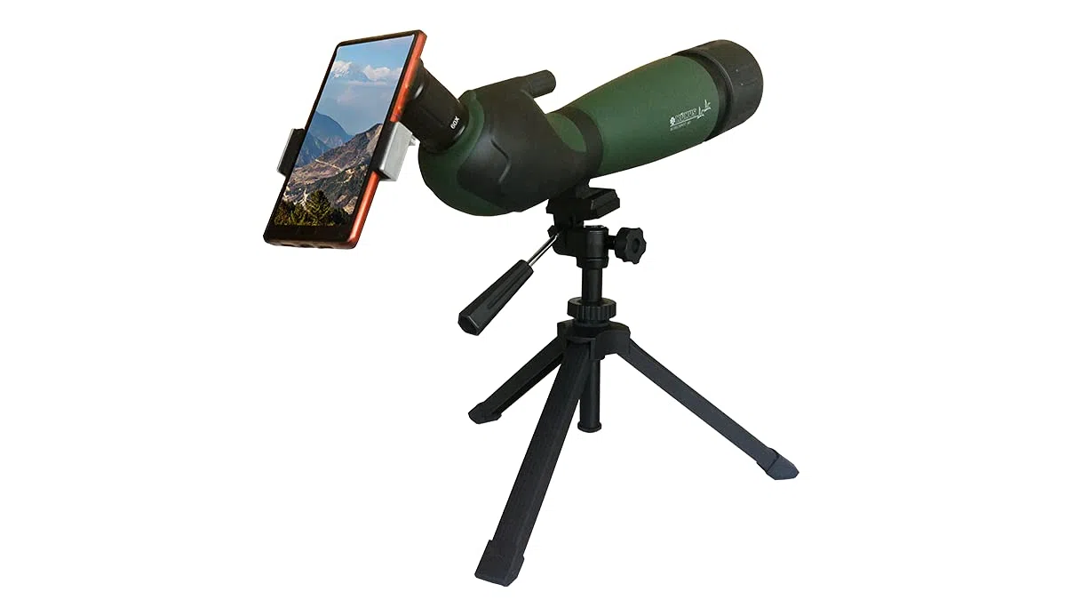 KONUS | KONUSPOT-65 Spektiv für die Jagd und den Schießsport, ideal für die Vogelbeobachtung in der Morgen- und Abenddämmerung, Zoom/Durchmesser 15-45x65, mit Tischstativ und Smartphone-Halterung