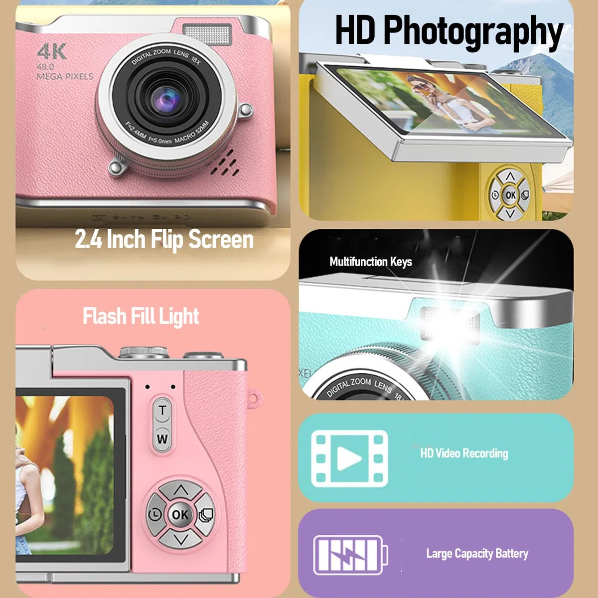 Digitalfotografie Kamera 1080p 48 MP 2,4 -Zoll -HD -Display 8X Elektronische Zoom Videokamera für Outdoor -Fotografie (White)