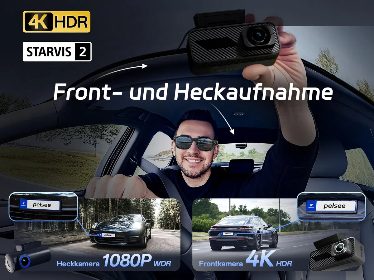 Pelsee 4K Dashcam Auto Vorne Hinten mit STARVIS 2 Sensor, 3.39'' IPS Display dashcam Auto mit 24H Parküberwachung, 5.8GHz WiFi, HDR WDR, ADAS, GPS, Vollfarben-Nachtsicht mit WiFi, 64GB SD Karte