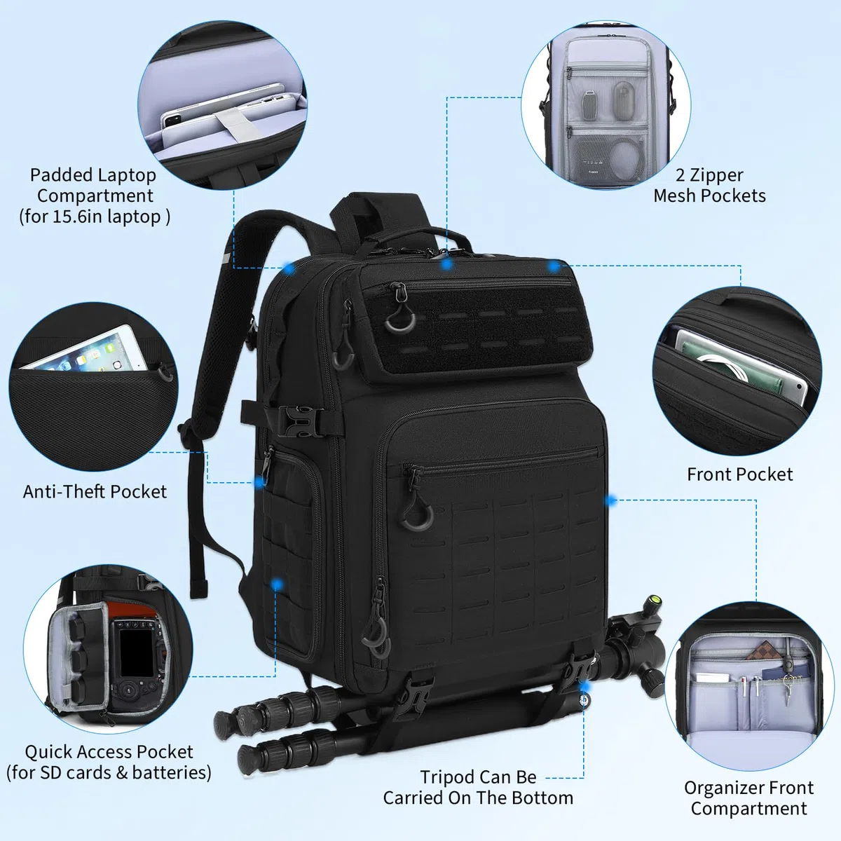Kamerarucksack DSLR SLR Kameratasche wasserfest Fotorucksack für Canon Nikon Sony Kamera Drohne Objektiv 15,6 Zoll Laptop -mit Regenhülle